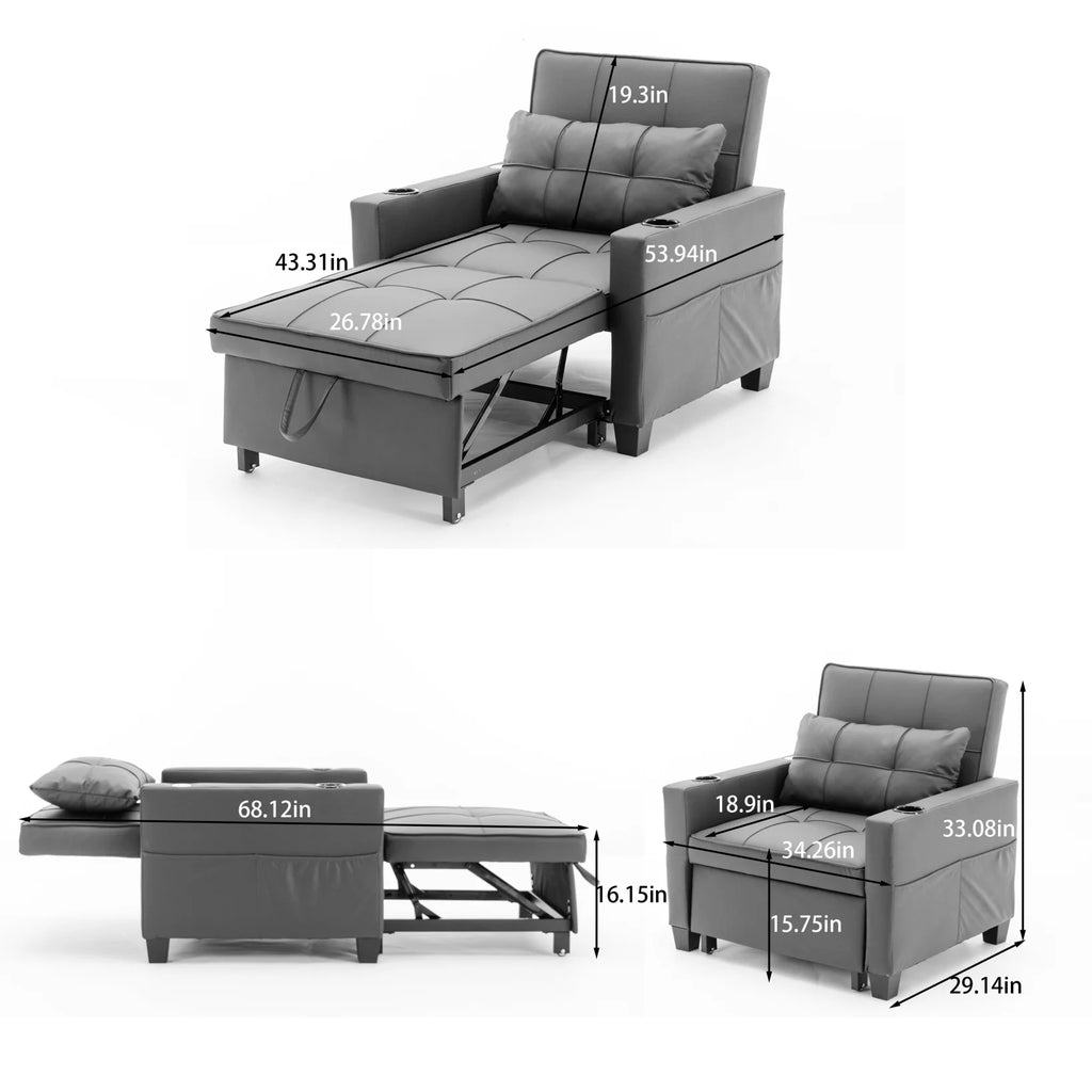 Convertible Futon Sofa Bed. 3-in-1 Multi-Functional Sleeper Chair Bed with USB Ports. Adjustable Backrest Recliner.for Living Room Bedroom Small Space. Tech Cloth. Dark Grey