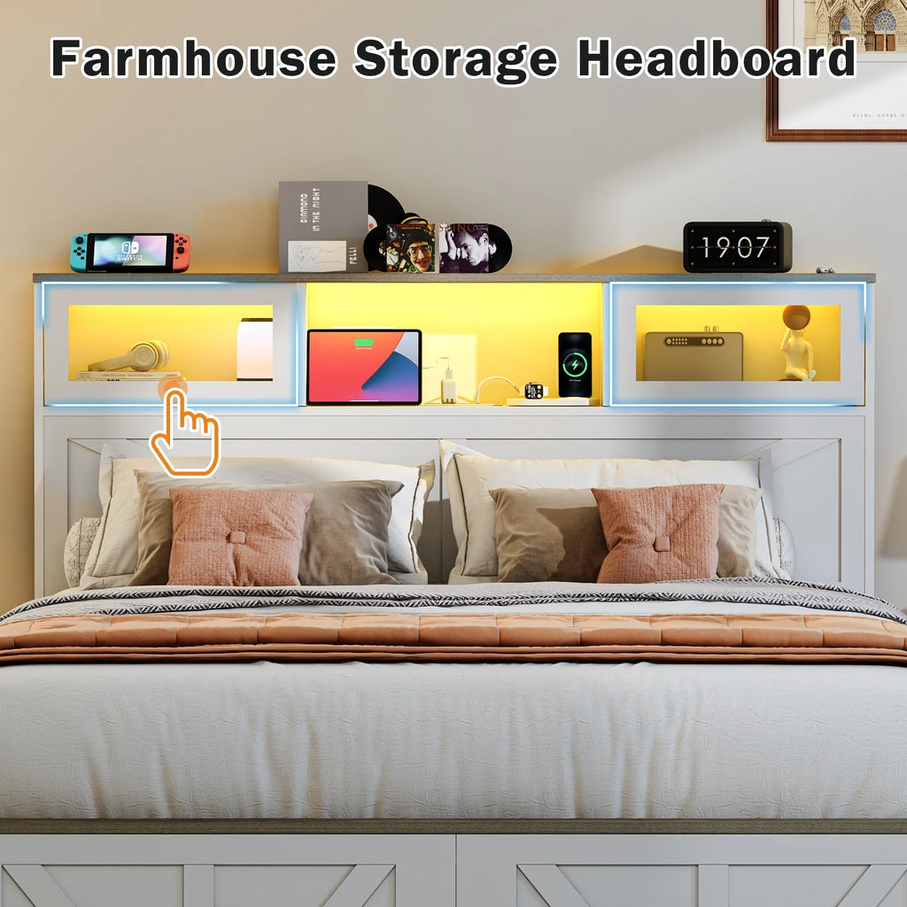 Full Size Bed Frame with Headboard. Full Bed Frame with Charging Station. LED Beds with 2 Storage Drawers.  Wood Farmhouse Bedframe. White