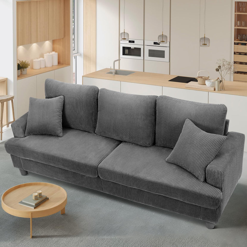87 Corduroy Sofa.3 Seater Sofa with Extra Deep Seats.Neche Comfy Upholstered Couch for Living Room.2 Pillows.Green
