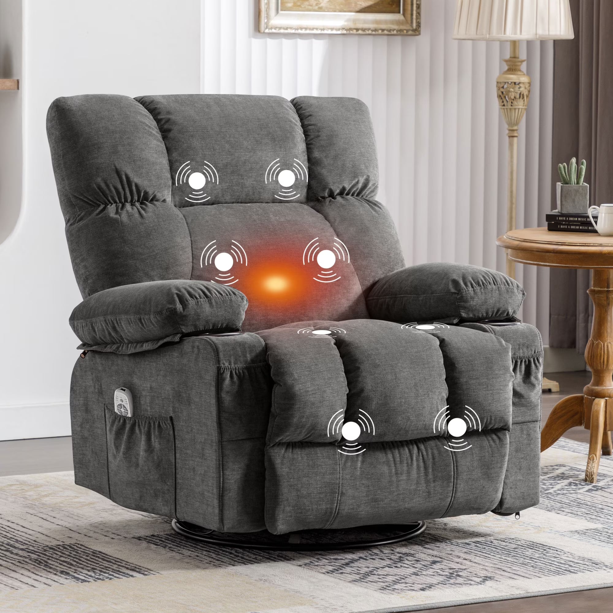 JONPONY Manual Recliner Chair with Heat Therapy and Massage Function. Heavy Duty Reclining Mechanism Massage Chair. Elderly Single Rocker Sofa with Cup Holders for Bedroom Home Theater.Grey