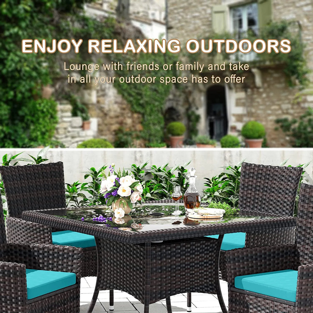 ALAULM 5 Pieces Patio Dining Set Outdoor Rattan Furniture with Square Glass Tabletop 4 Chairs with Cushions for Patio. Backyard Outdoor Kitchen Lawn & Garden Blue