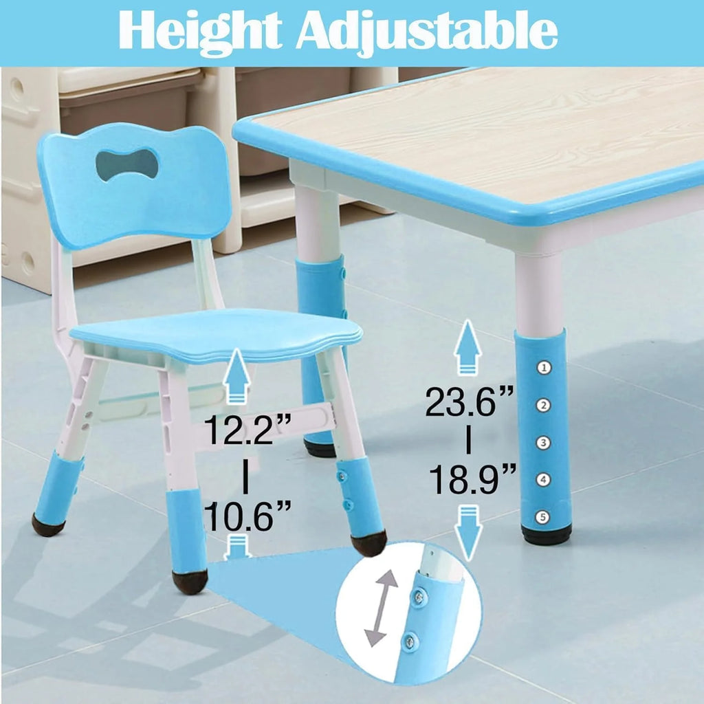 TROPOW Kids Table and Chairs.Height Adjustable Toddler Table and 6 Chair.Multi-Activity Table with Graffiti Desktop Non-Slip Legs for Ages 2-10.Children Activity Table for Daycare.Classroom.Blue