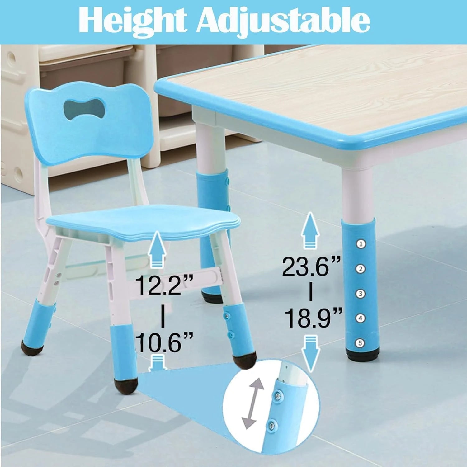 TROPOW Kids Table and Chairs.Height Adjustable Toddler Table and 6 Chair.Multi-Activity Table with Graffiti Desktop Non-Slip Legs for Ages 2-10.Children Activity Table for Daycare.Classroom.Blue