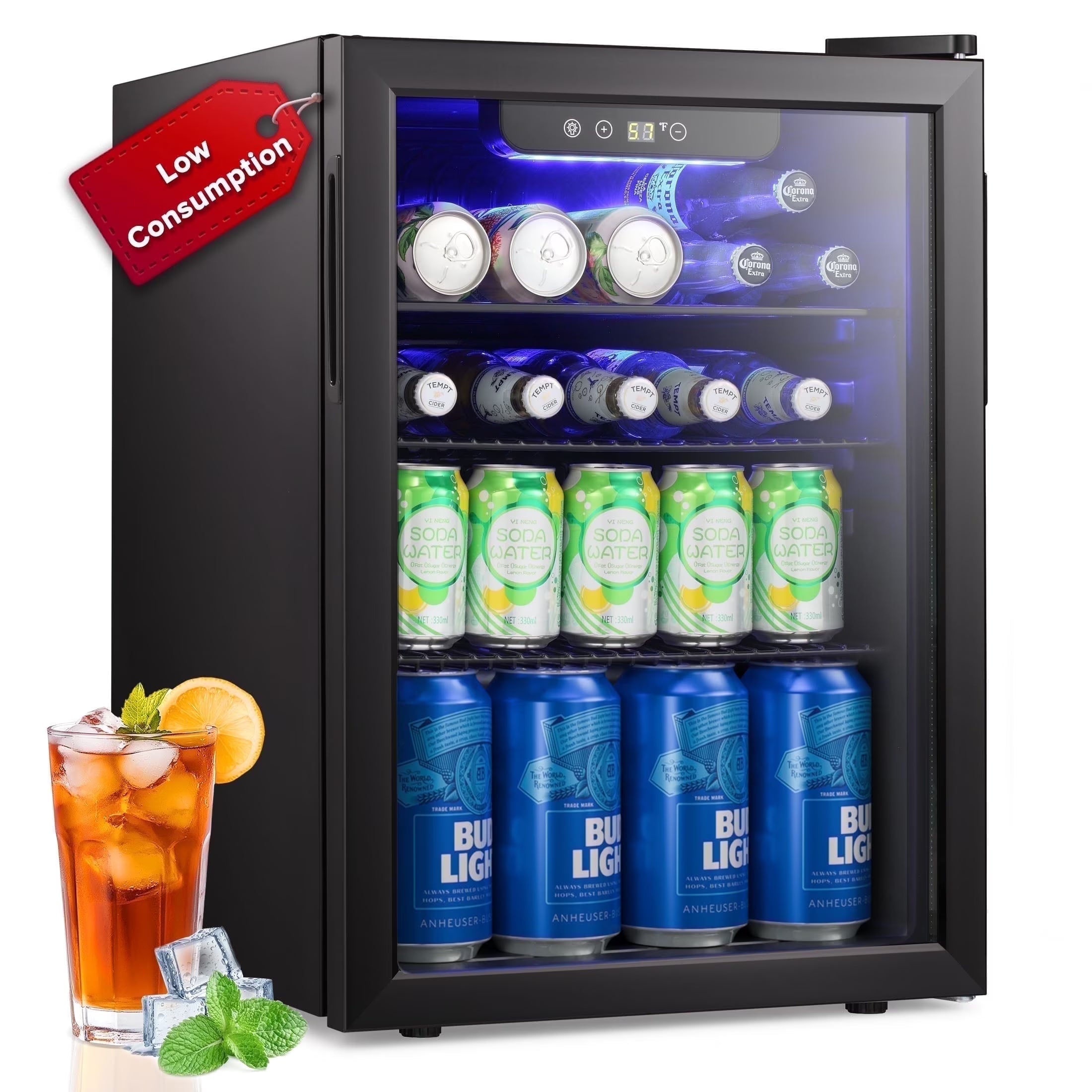 Auseo 1.3 Cu.ft. Mini Beverage Refrigerator Cooler - 55 Can &12 Bottle Mini Fridge with Double Glass Door. for Home/Bar/Office. Electronic touch control