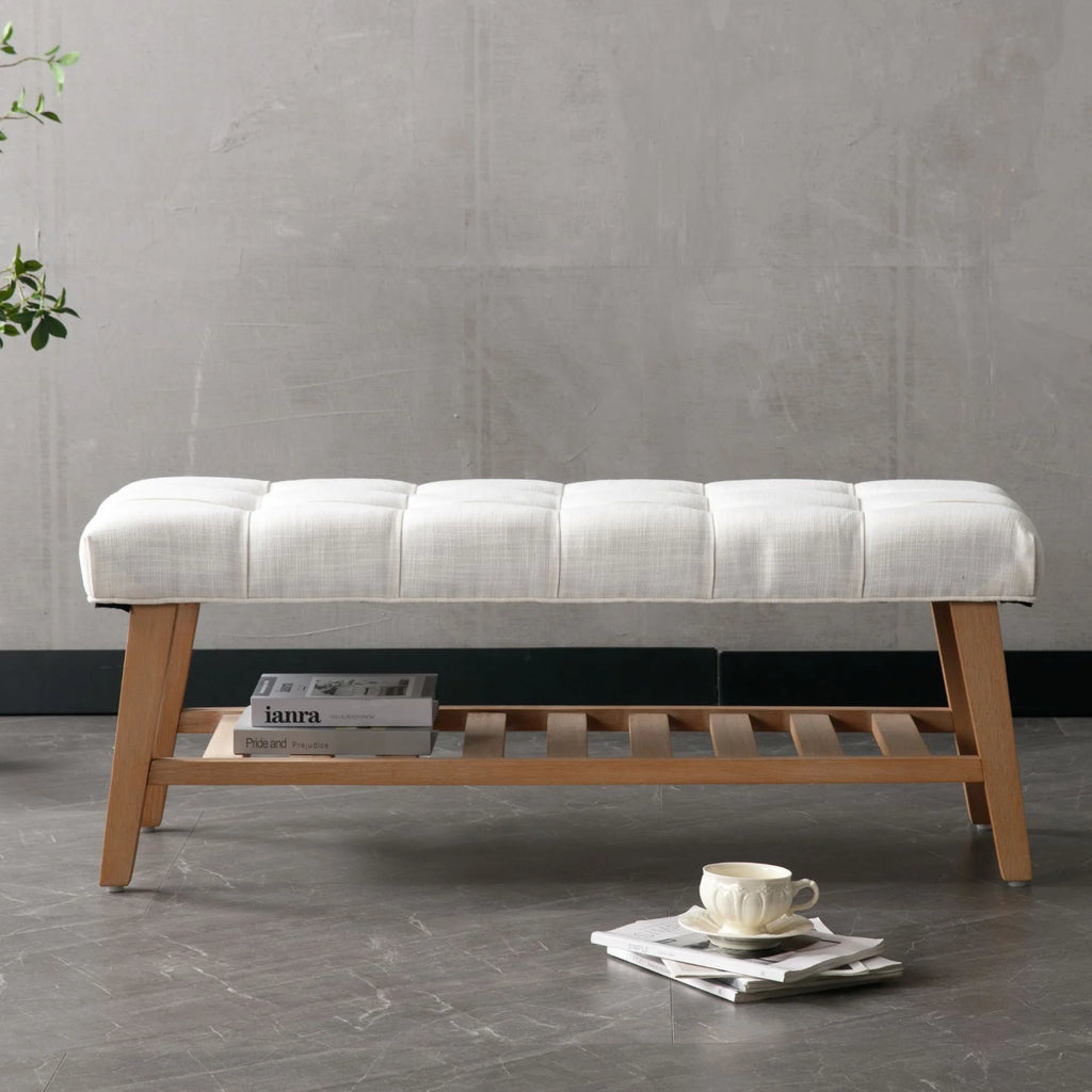 Dayalane Upholstered Storage Bench with Shoe Rack.Linen Fabric Entryway Bench for Living Room. Bedroom and Hallway. Multi Functional Ottoman with Solid Wood Shelf. Beige
