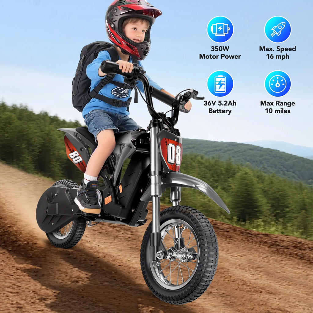 36V Kids Electric Dirt Bike.Fast Speed Electric Motorcycle Up to 16 MPH & 10 Miles Long-Range. 3-Speed Modes. Twist Grip Throttle. Dual Suspension & Brakes for Kids Ages 5-10 Ride on Toys