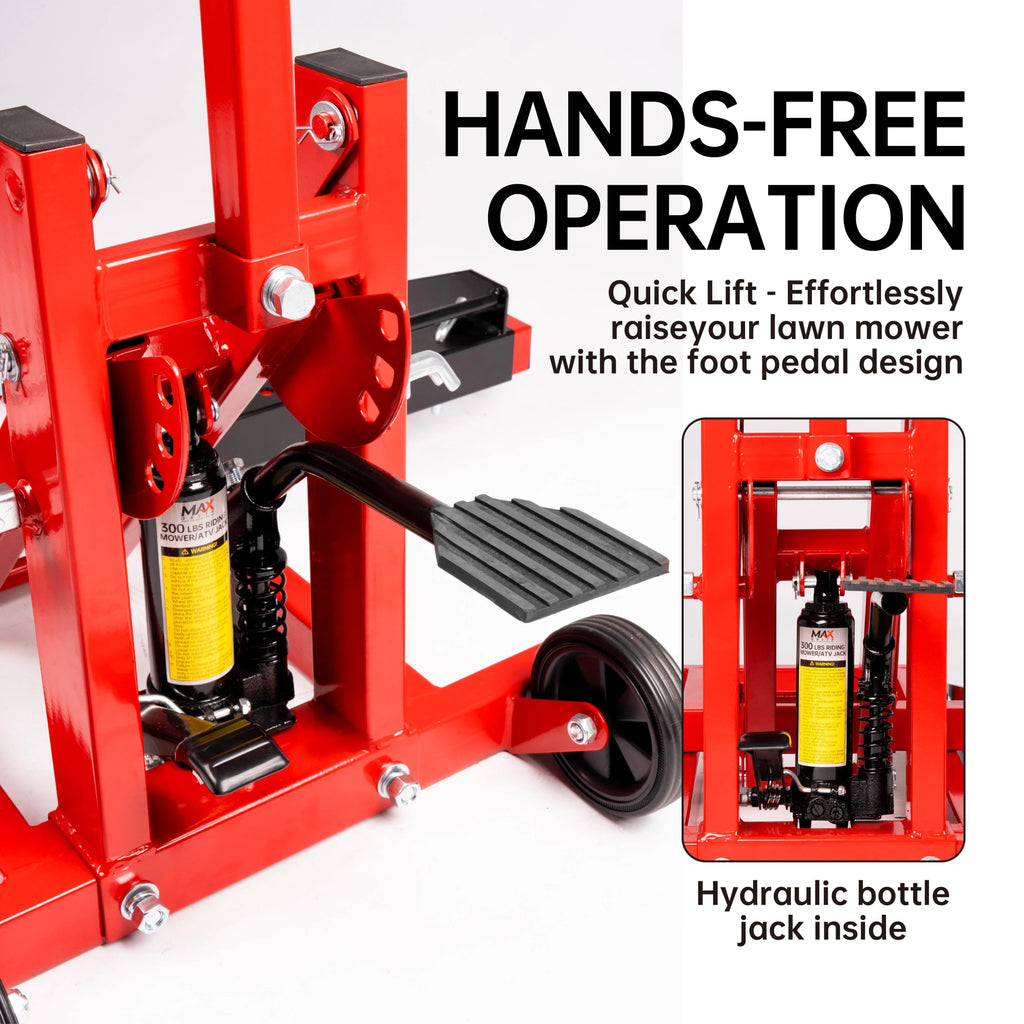300lb Capacity. Adjustable Riding Lift Jack Heavy Duty Construction with Safety Lock. Non-Slip Wheels&Handle for Tractors. Atvs and Zero Turn Lawn Mowers