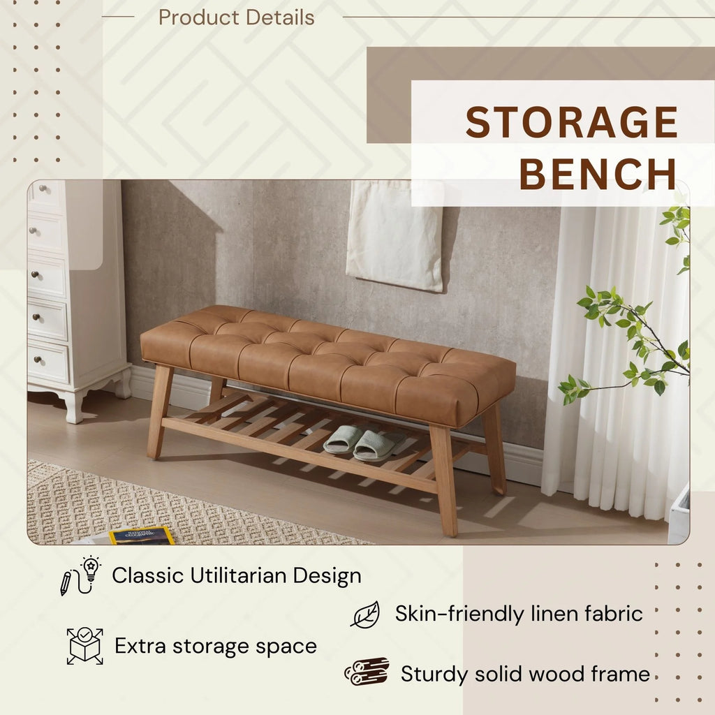 Dayalane Upholstered Storage Bench with Shoe Rack.Linen Fabric Entryway Bench for Living Room. Bedroom and Hallway. Multi Functional Ottoman with Solid Wood Shelf. Beige