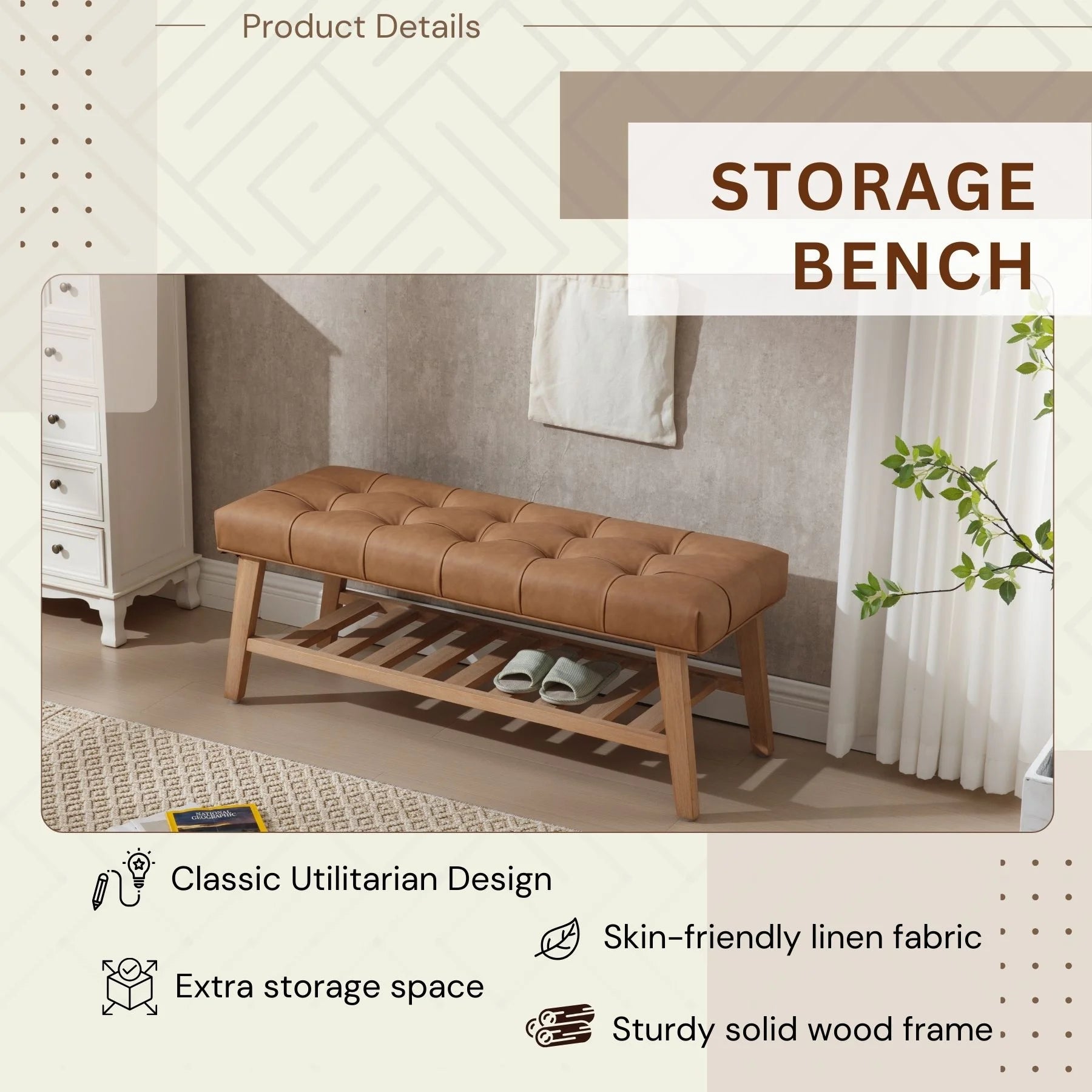 Dayalane Upholstered Storage Bench with Shoe Rack.Linen Fabric Entryway Bench for Living Room. Bedroom and Hallway. Multi Functional Ottoman with Solid Wood Shelf. Beige