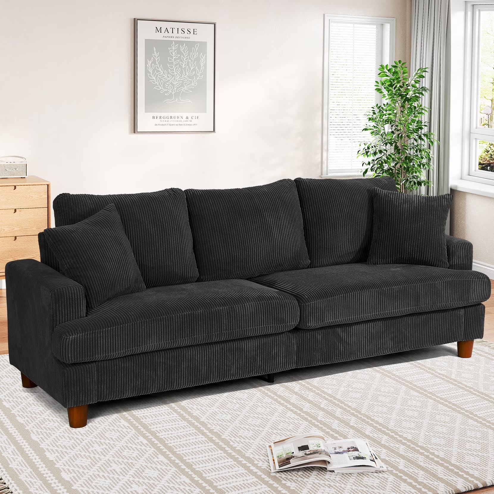 87 Corduroy Sofa.3 Seater Sofa with Extra Deep Seats.Neche Comfy Upholstered Couch for Living Room.2 Pillows.Green