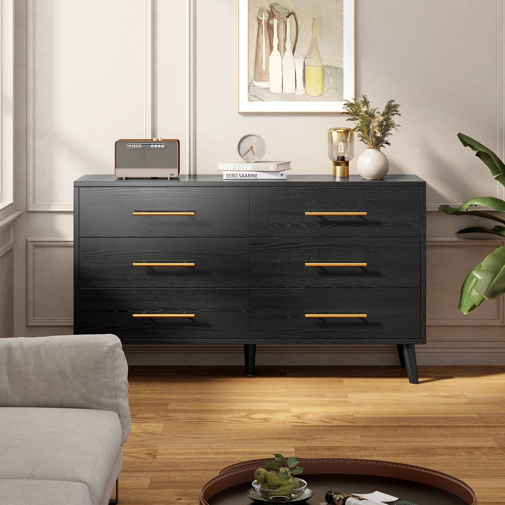 Noelse 3 Piece Bedroom Furniture Set. 6 Drawer Dresser with 2 Nightstands. Modern Wood Storage Organizer with Metal Handles for Bedroom. Living Room.Black