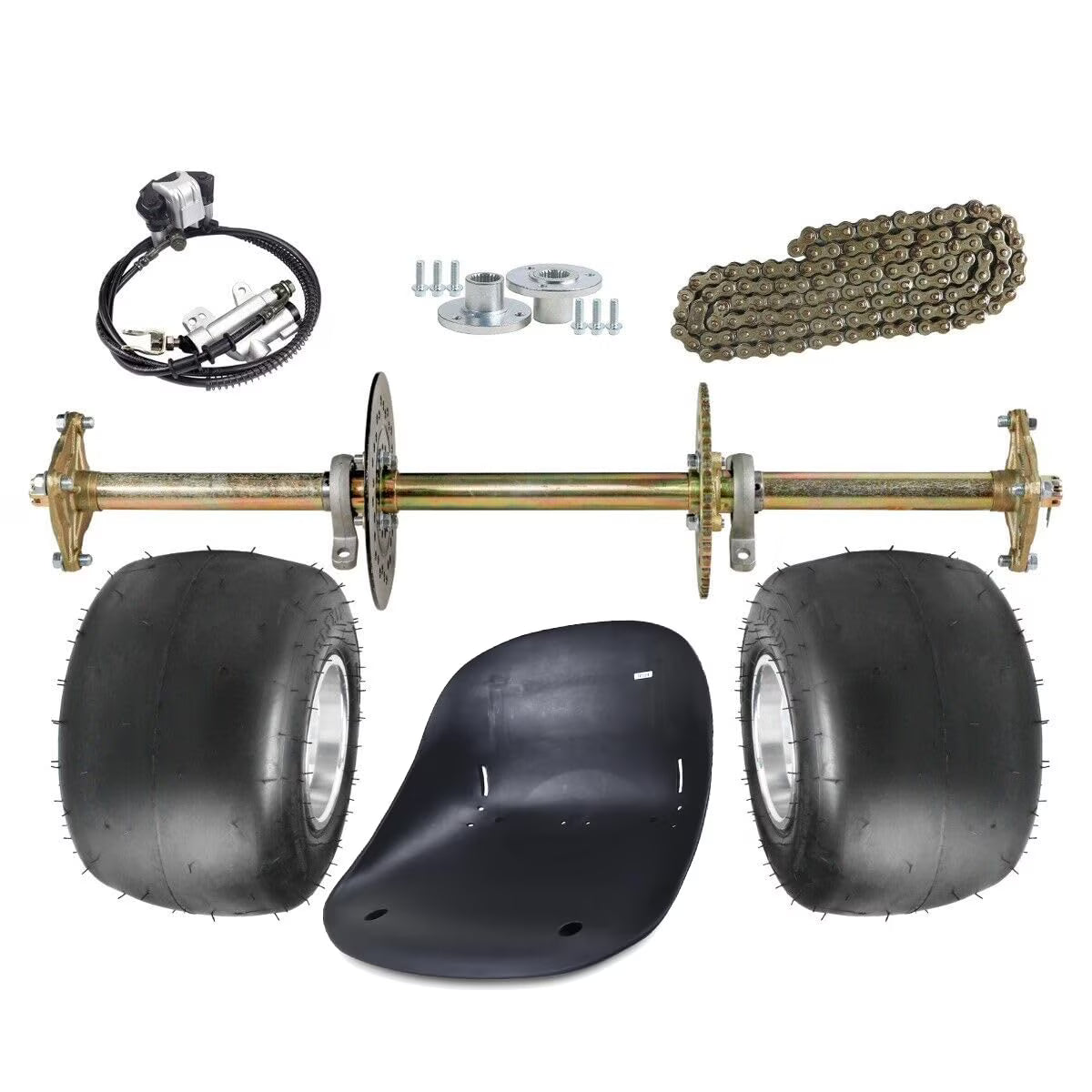 32in Rear Axle Kit with 5 Wheels. 11x7.10-5 Tires. 428 41T Sprocket & Brake Caliper Master Cylinder. 3 Stud Hubs. Go Cart Seat for Racing Go Kart. ATV Quad Buggy & Drift Trike. Karting