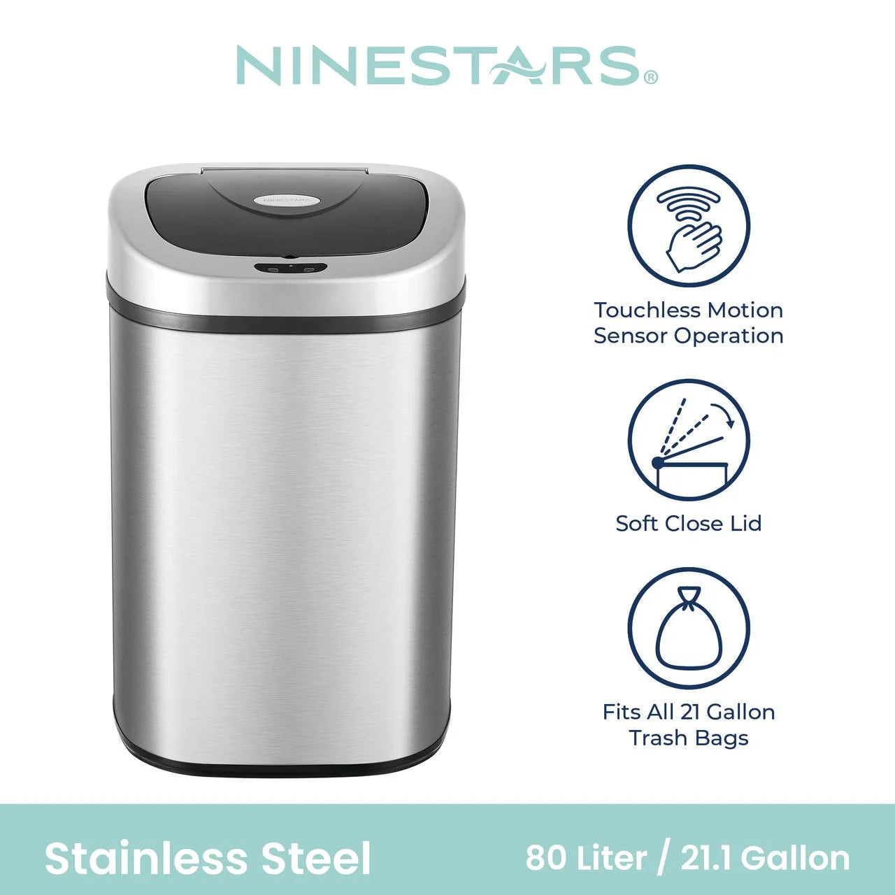 Nine Stars Automatic Trash Can. 21 Gallon Stainless Steel. Motion Sensor Hands Free Soft Close Lid Garbage Bin. Silver