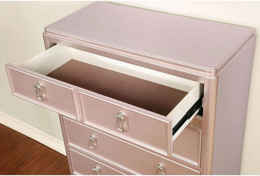 Contemporary Rose Gold Twin Size Bed 6pc Set Dresser Mirror Nightstand Chest Padded HB Tufted Bedroom Furniture Solid wood