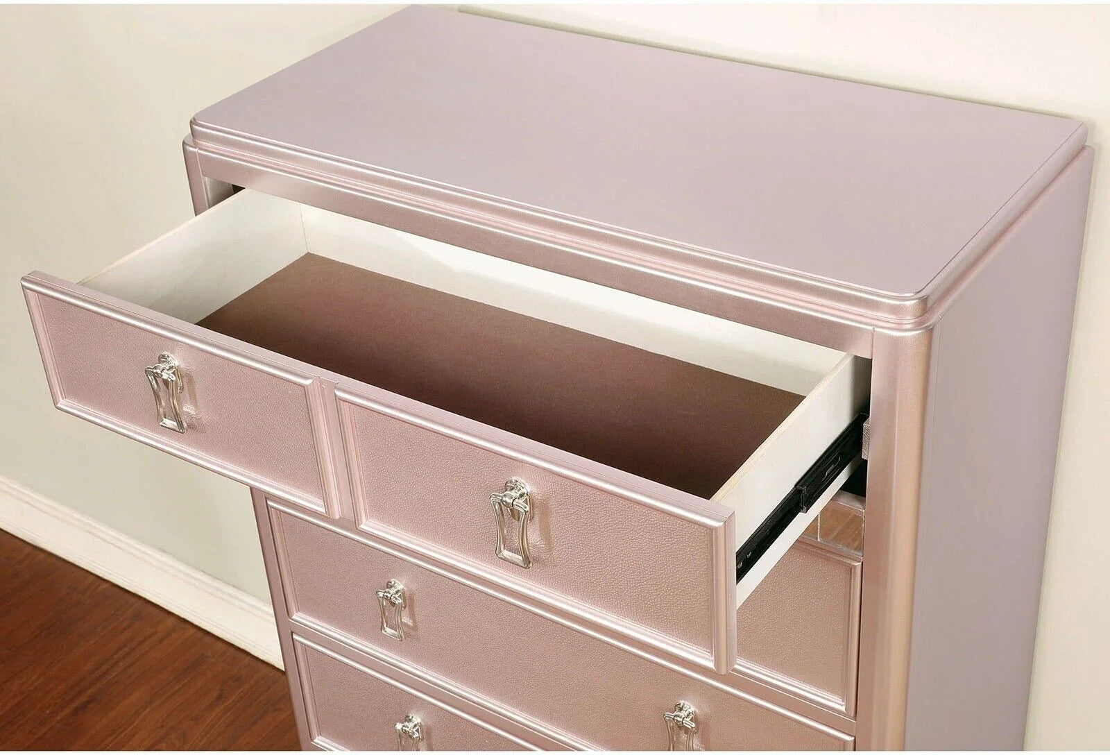 Contemporary Rose Gold Twin Size Bed 6pc Set Dresser Mirror Nightstand Chest Padded HB Tufted Bedroom Furniture Solid wood