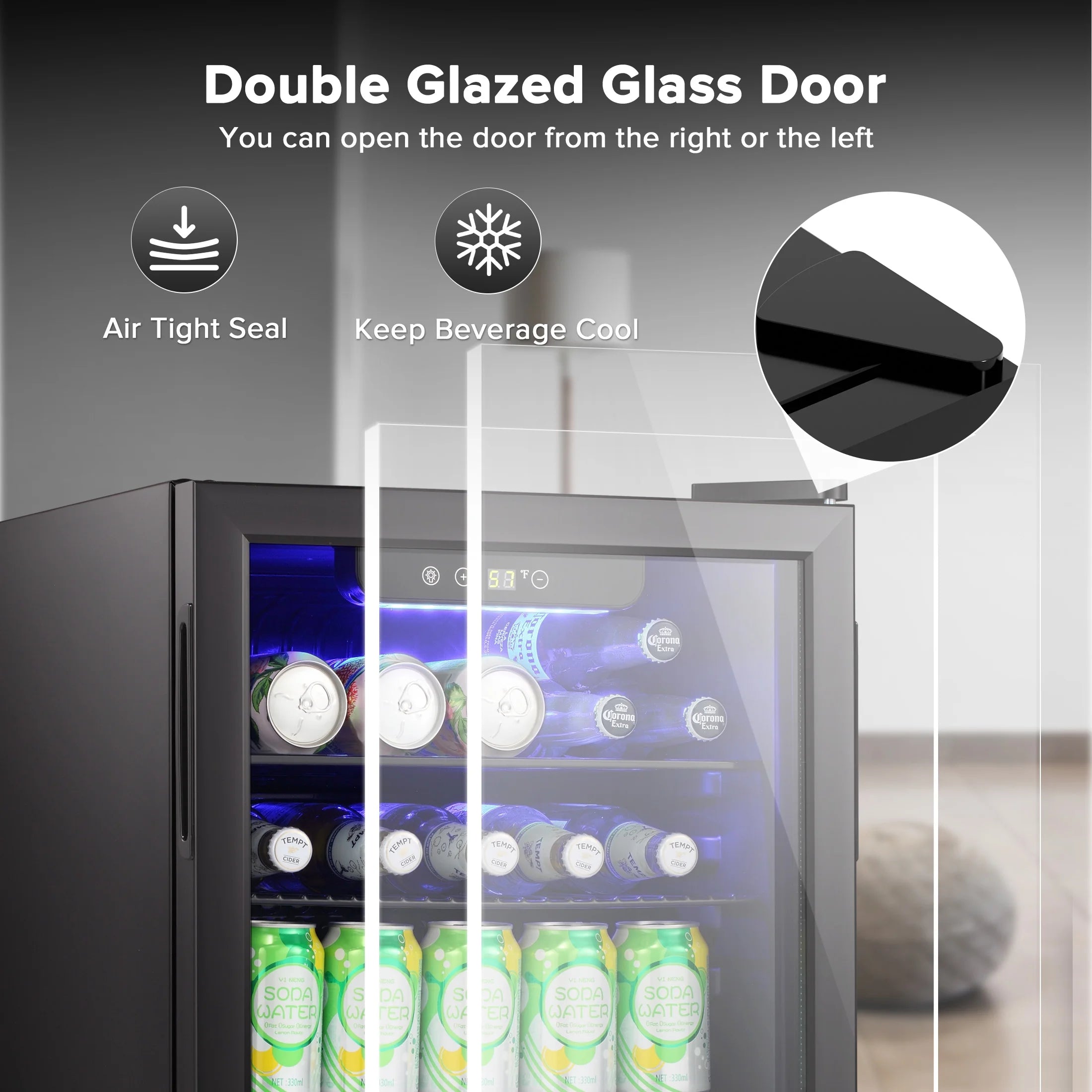 Auseo 1.3 Cu.ft. Mini Beverage Refrigerator Cooler - 55 Can &12 Bottle Mini Fridge with Double Glass Door. for Home/Bar/Office. Electronic touch control