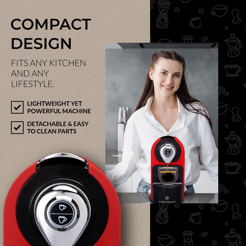 ChefWave Espresso Machine for use with Nespresso Capsules (Red). Holder and Cups