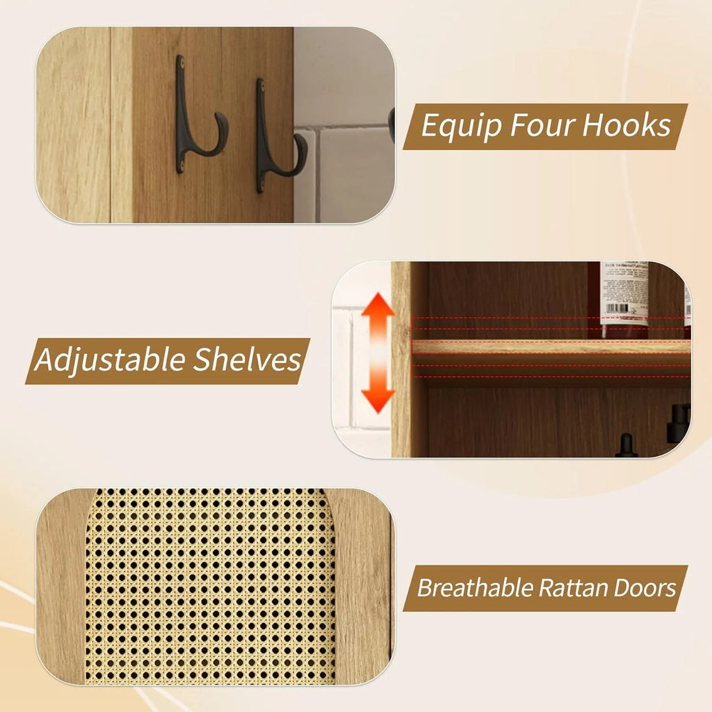 66-Inch Bathroom Storage Cabinet with Rattan Doors.  Bath Room Organizer Floor Cabinets Brown