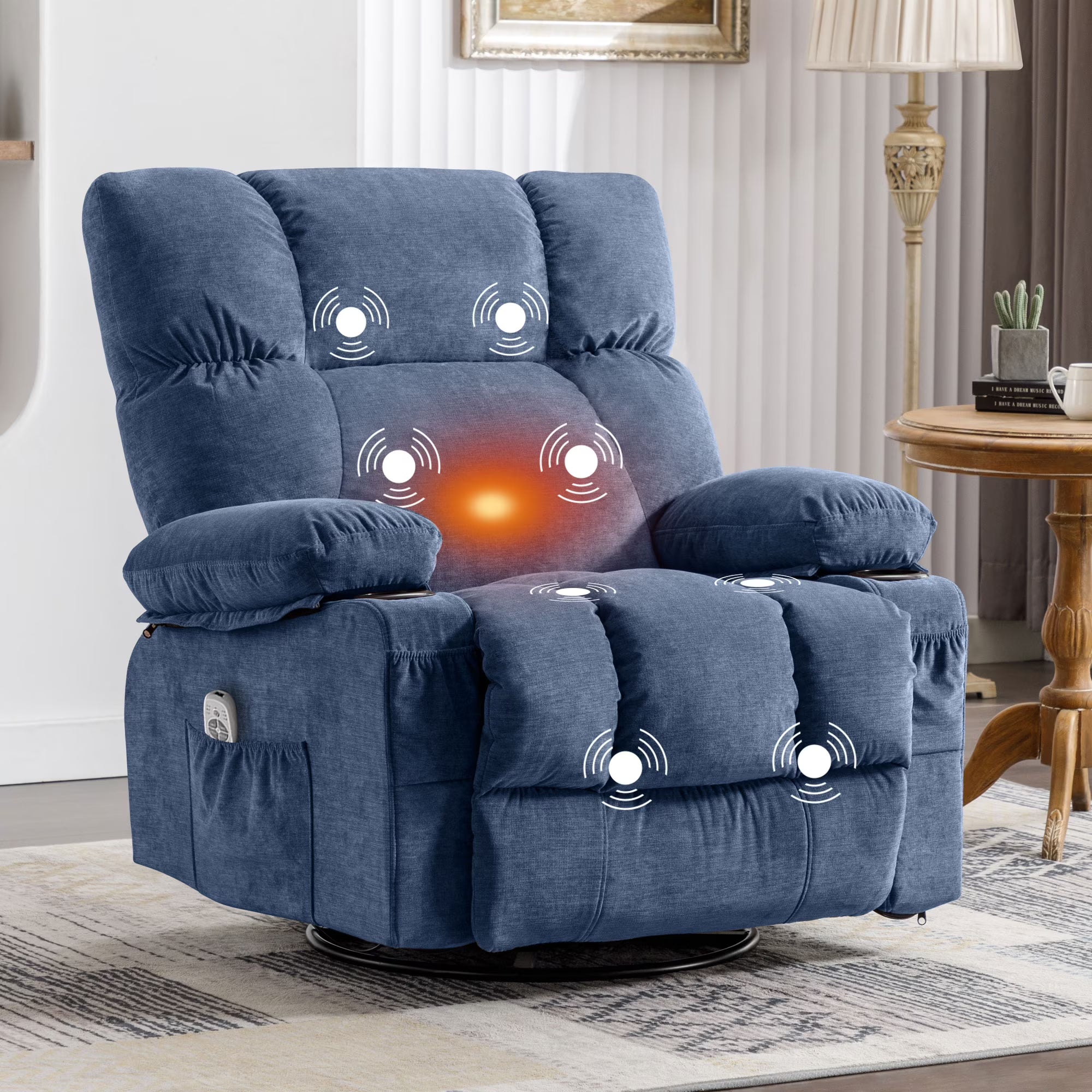 JONPONY Manual Recliner Chair with Heat Therapy and Massage Function. Heavy Duty Reclining Mechanism Massage Chair. Elderly Single Rocker Sofa with Cup Holders for Bedroom Home Theater.Grey