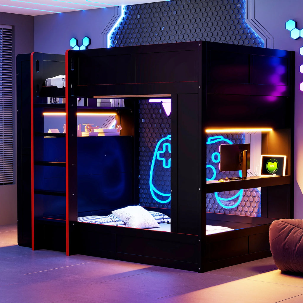 Euroco Wood Full Size Loft Bed with Desk and Shelves. Gaming Bunk Bed with LED Light and USB Charging. Black