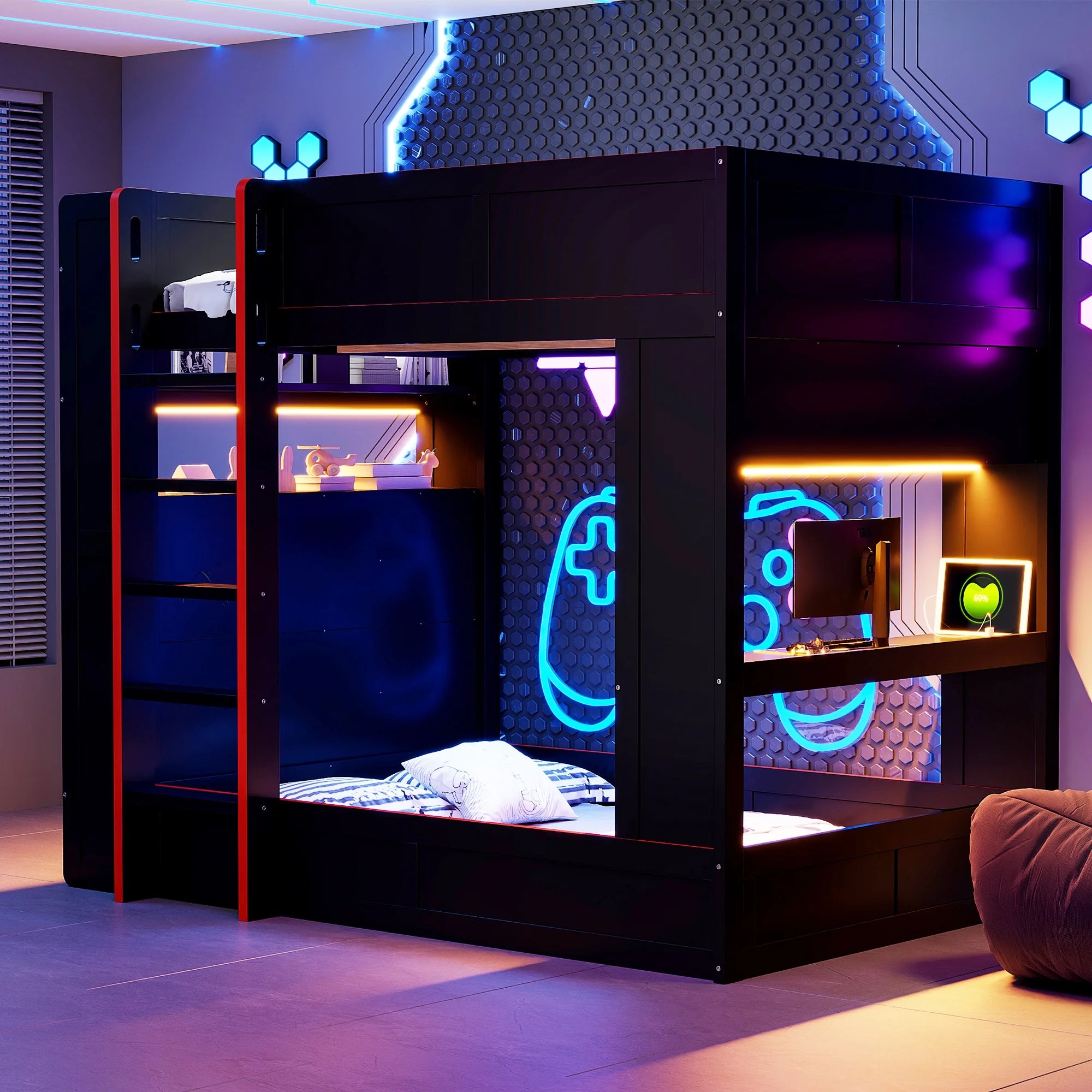 Euroco Wood Full Size Loft Bed with Desk and Shelves. Gaming Bunk Bed with LED Light and USB Charging. Black