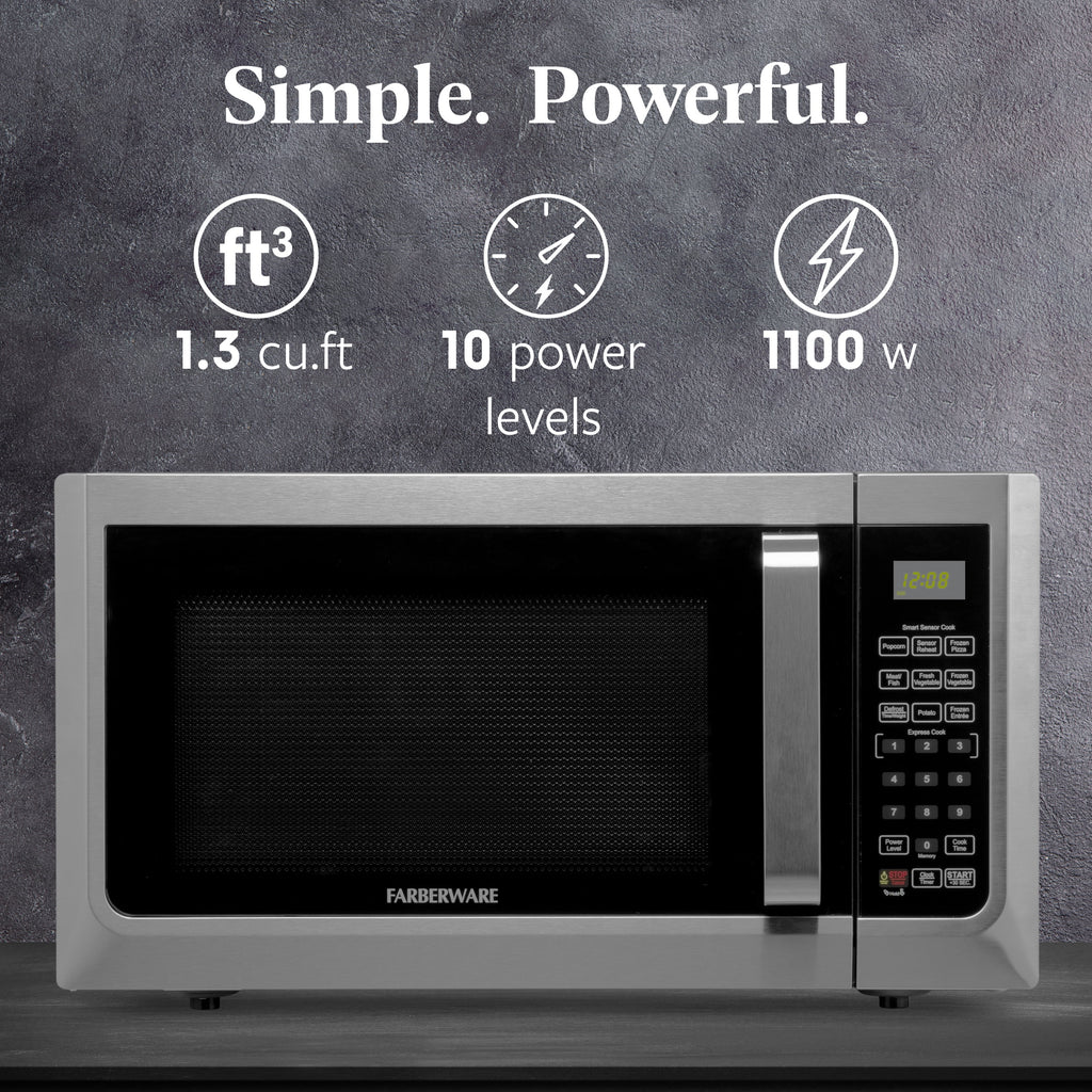 Farberware Countertop Microwave Ov 1100 Watts. 2.2 cu ft - Smart Sensor With LED Lighting and Child Lock - Perfect for Apartments and Dorms - Easy Clean Black Interior. Stainless Steel