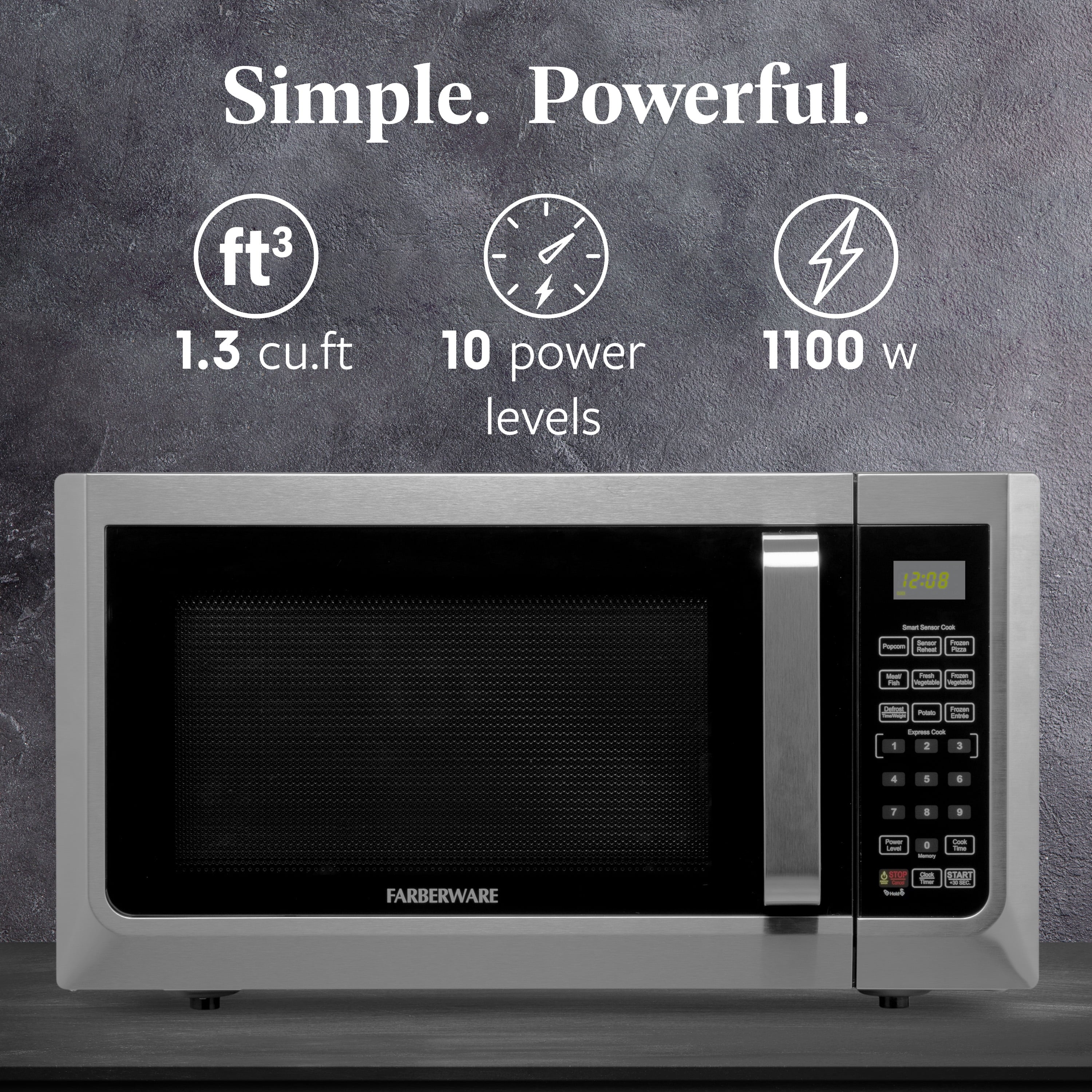 Farberware Countertop Microwave Ov 1100 Watts. 2.2 cu ft - Smart Sensor With LED Lighting and Child Lock - Perfect for Apartments and Dorms - Easy Clean Black Interior. Stainless Steel