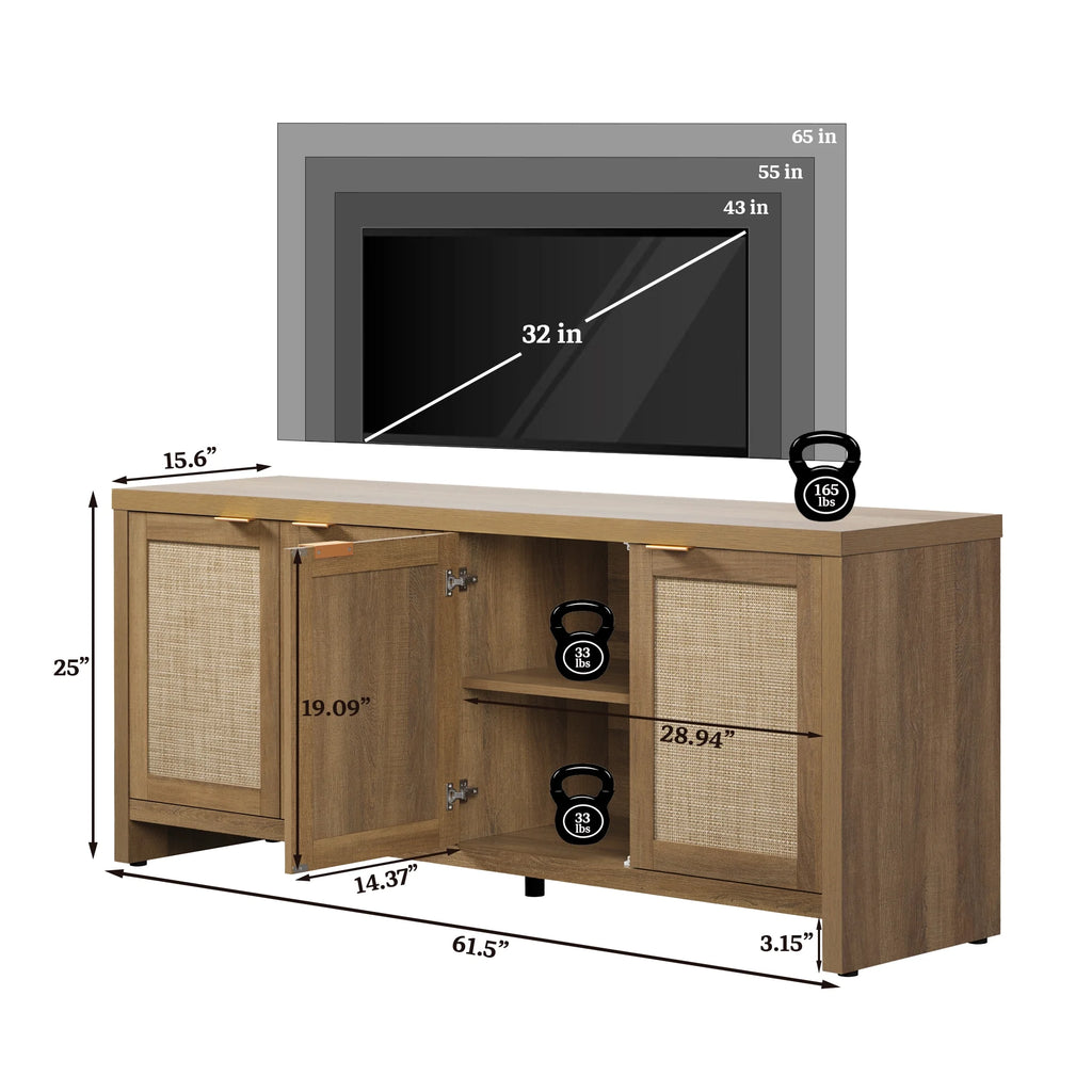 SICOTAS 61.5W Rattan TV Stand with 4 Doors. Boho Entertainment Center with Adjustable Shelves & Spacious Countertop �C Large Boho Farmhouse Media Console for Living Room. Reclaimed Caramel Oak