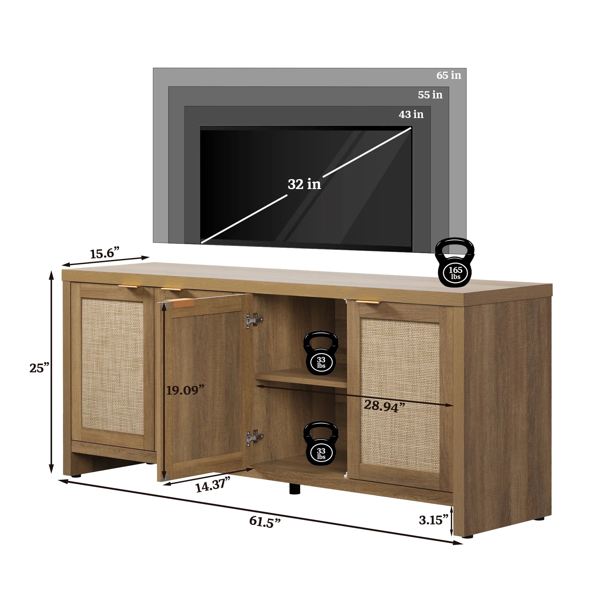 SICOTAS 61.5W Rattan TV Stand with 4 Doors. Boho Entertainment Center with Adjustable Shelves & Spacious Countertop �C Large Boho Farmhouse Media Console for Living Room. Reclaimed Caramel Oak