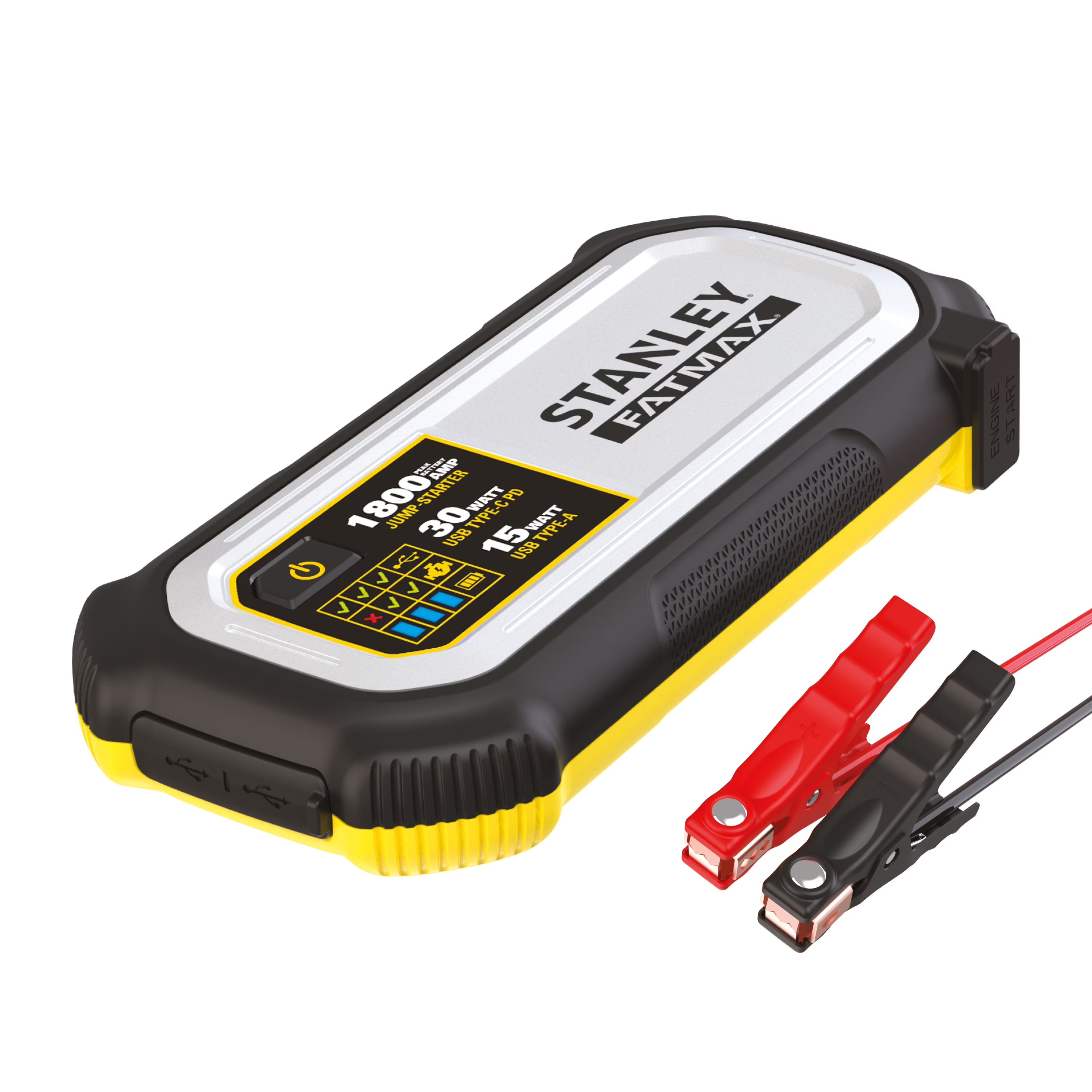 Stanley FatMax 1800A Lithium Jump Starter with 30W USB-C-PD In/Out and 15W USB-A Out. Includes Clamps