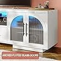 TV Stand for 75 inch TV. LED TV Stand for Living Room.70 Entertainment Center with Arched Glass Doors. Faux Marble Wood Finish Top. Adjustable Shelves. and LED Lighting. Black