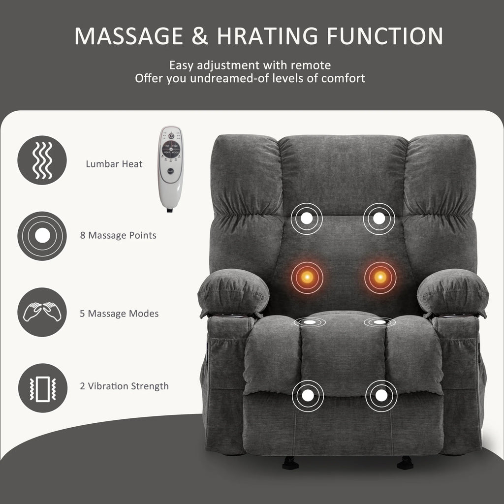 JONPONY Manual Recliner Chair with Heat Therapy and Massage Function. Heavy Duty Reclining Mechanism Massage Chair. Elderly Single Rocker Sofa with Cup Holders for Bedroom Home Theater.Grey