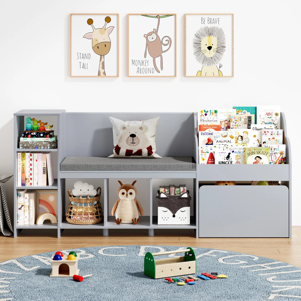 Homfa Kids Bookshelf with Reading Nook. 6 Shelf Bookcase with 1 Wood Toy Bin with 3 Tier Book Rack for Children Kidsroom