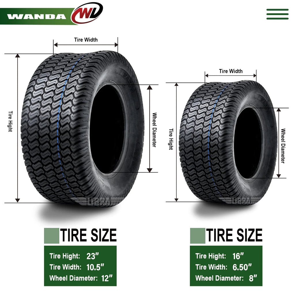 Set of 4 New Lawn Mower Turf Tires 16x6.5-8 Front & 23x10.5-12 Rear 4PR 13019/49