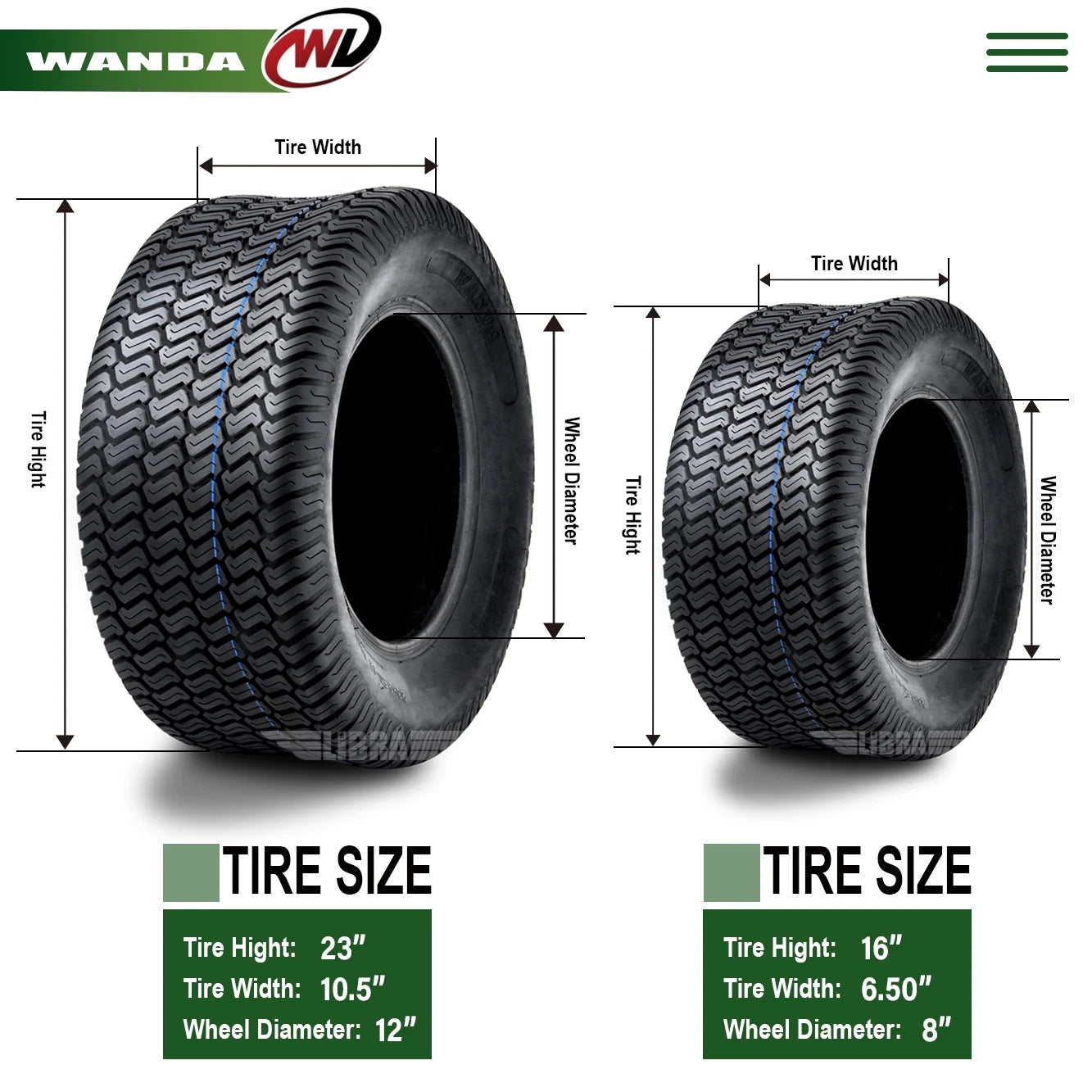 Set of 4 New Lawn Mower Turf Tires 16x6.5-8 Front & 23x10.5-12 Rear 4PR 13019/49