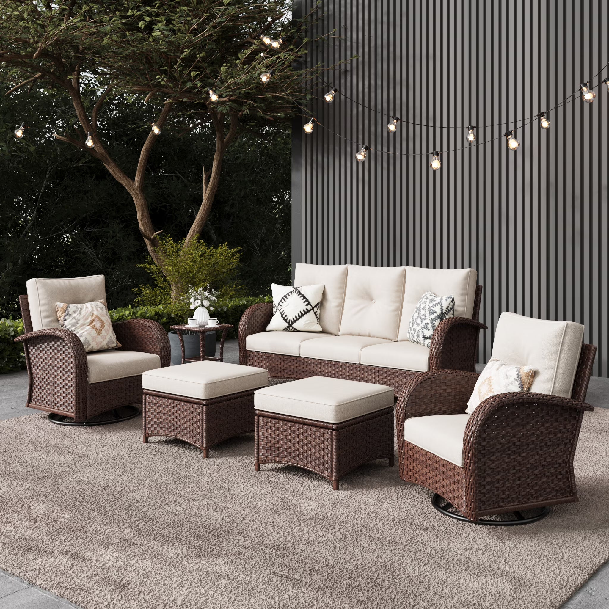 LayinSun 7 Pieces Outdoor Patio Furniture Set with Fire Pit Table. Rattan Wicker Sectional Swivel Rocker Chairs Sets