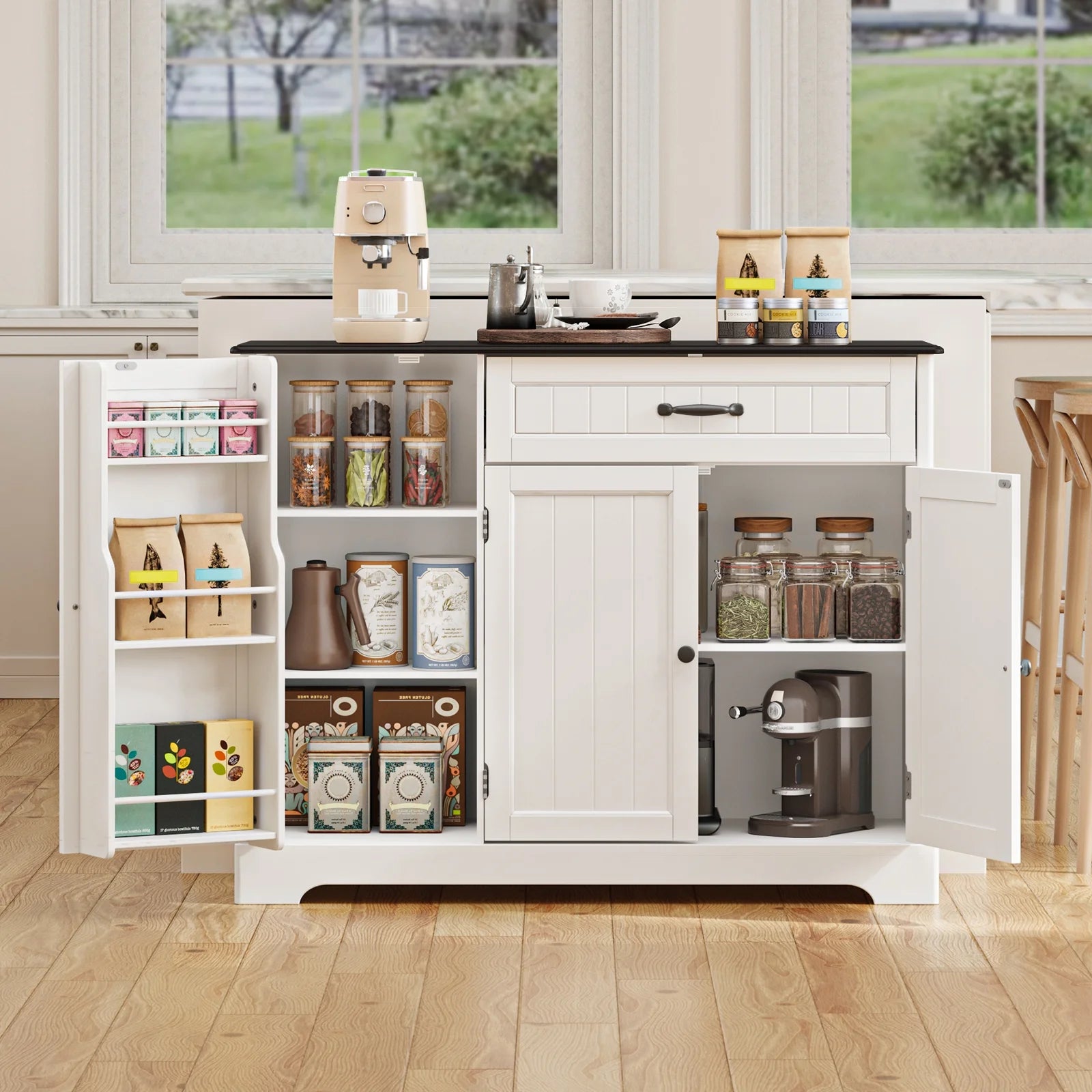Coffee Bar. Lofka 42 Kitchen Storage Cabinet. Sideboard Buffet Cabinet with 8 Shelves. 1 Drawer