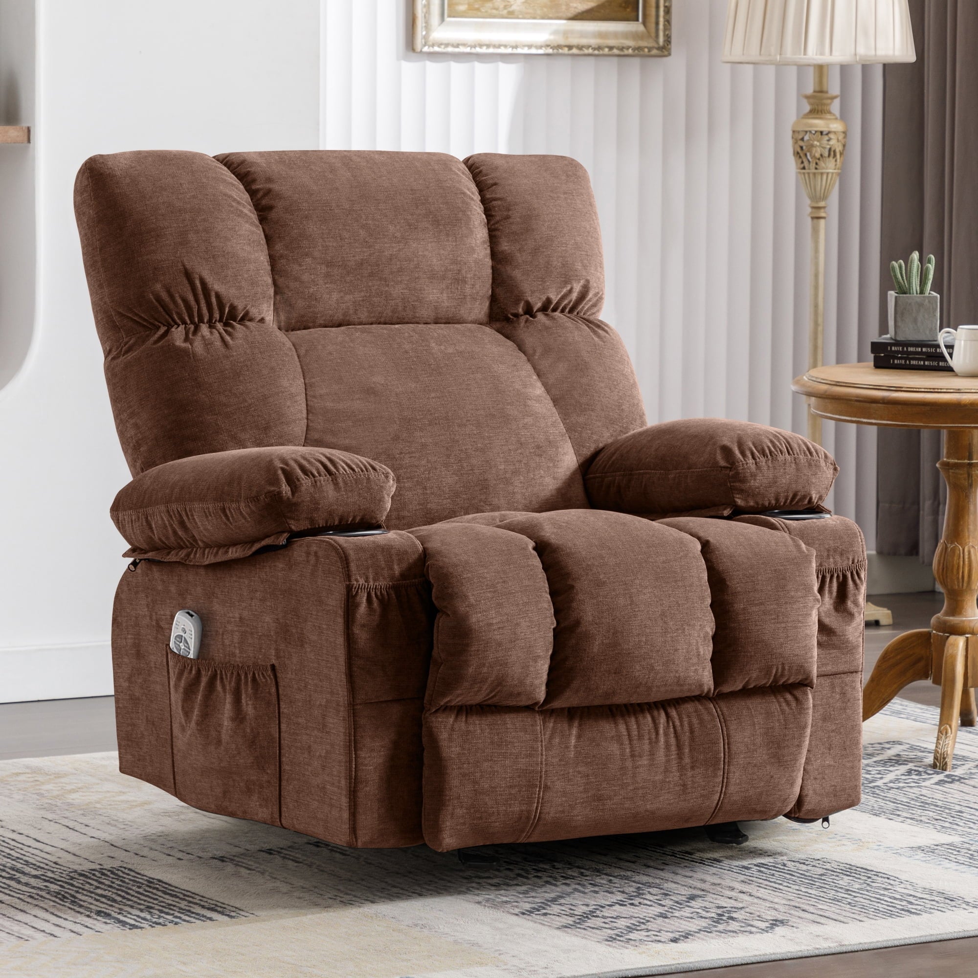 JONPONY Manual Recliner Chair with Heat Therapy and Massage Function. Heavy Duty Reclining Mechanism Massage Chair. Elderly Single Rocker Sofa with Cup Holders for Bedroom Home Theater.Grey