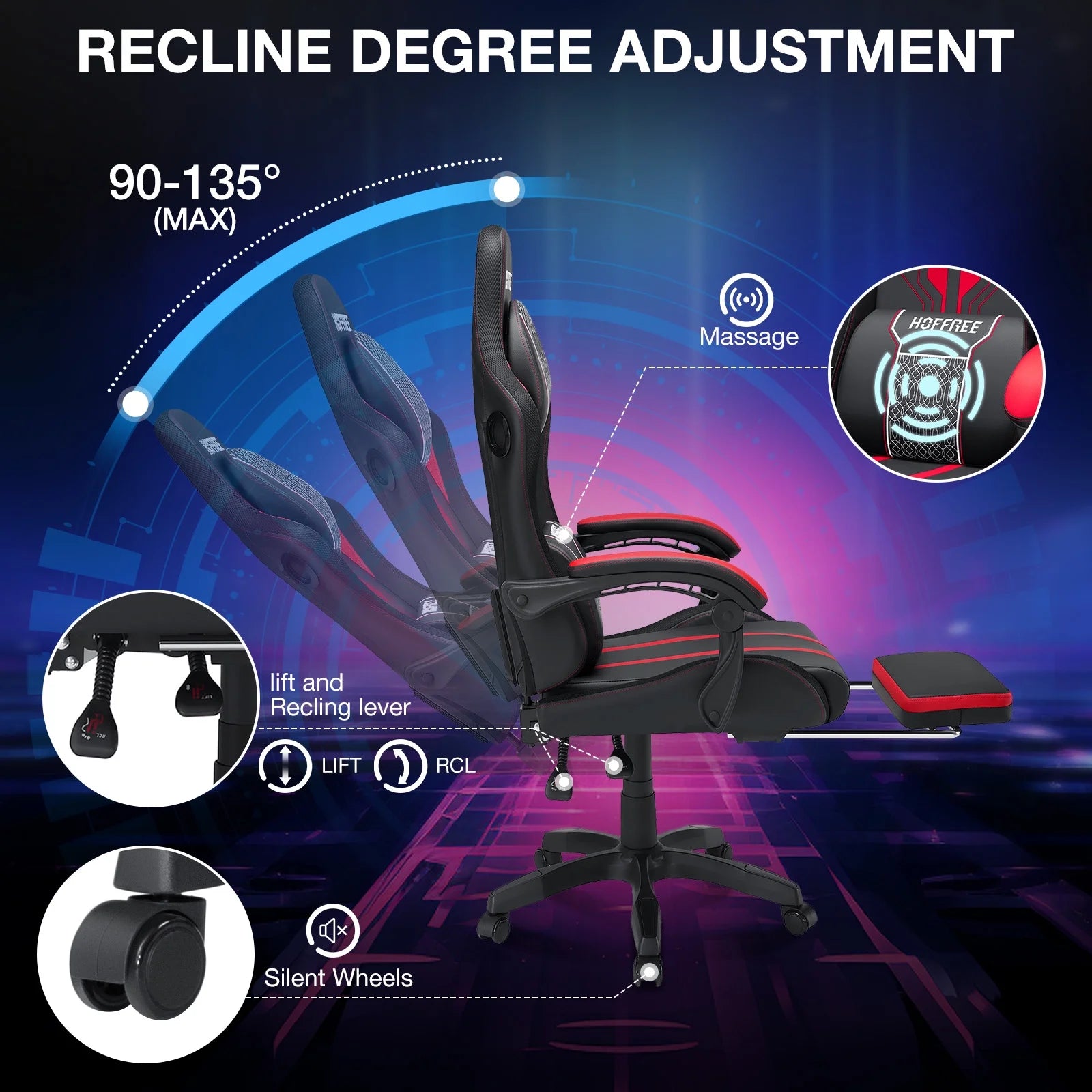HOFFREE Big and Tall Gaming Chair with Speakers and RGB Lights. Gamer Chair with Footrest. Lumbar Support Height Adjustable 360-Swivel Seat and Headrest for Adults. 400lbs
