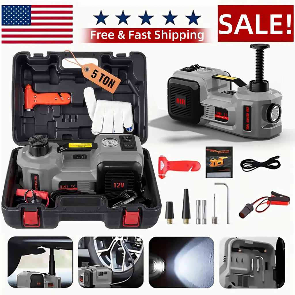 SZTAA Electric Car Jack Lift with Air Compressor and Emergency Hammer 5 Ton/11023 lbs Hydraulic Jack for SUV Sedan Truck Change Tires Garage Repair