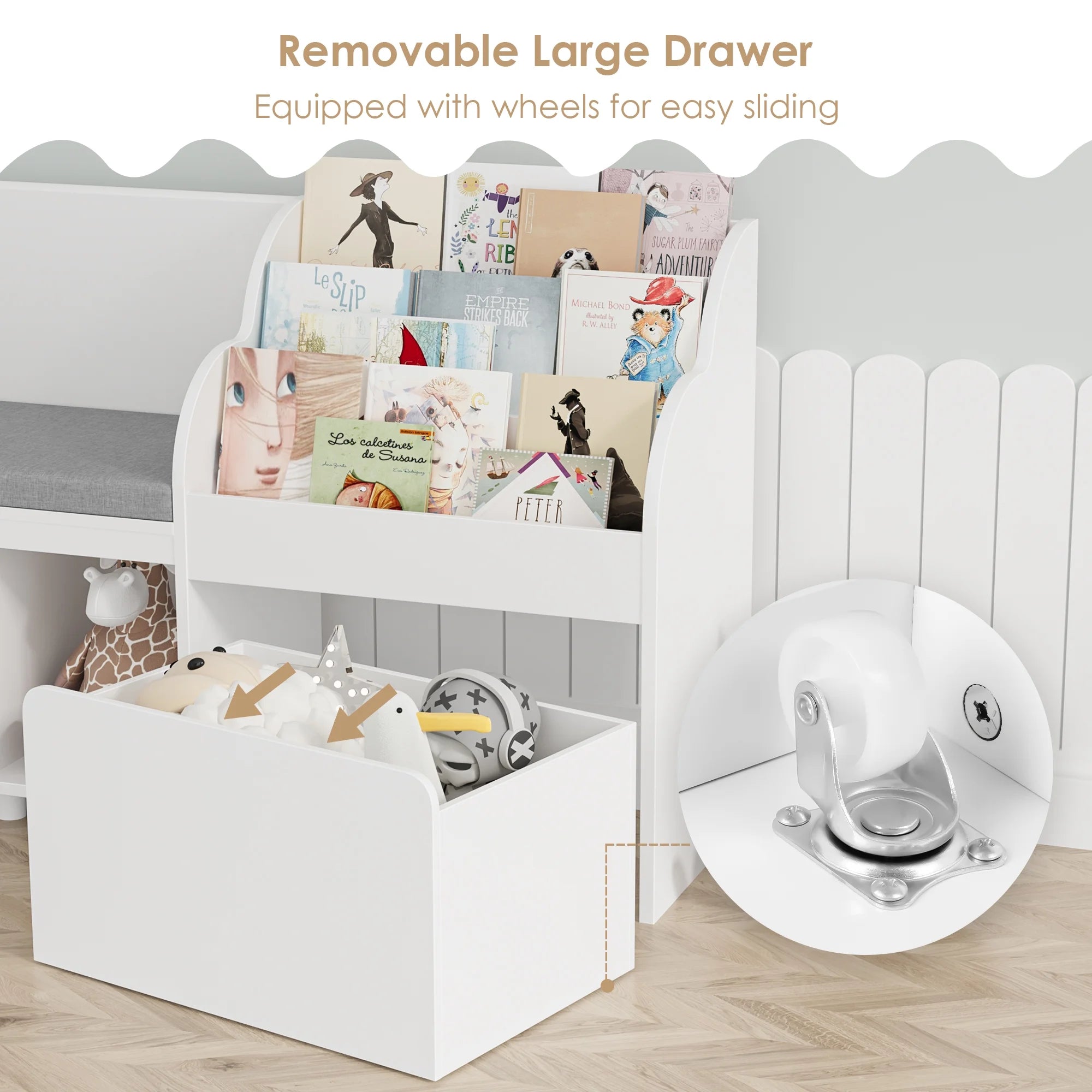 Homfa Kids Bookshelf with Reading Nook. 6 Shelf Bookcase with 1 Wood Toy Bin with 3 Tier Book Rack for Children Kidsroom