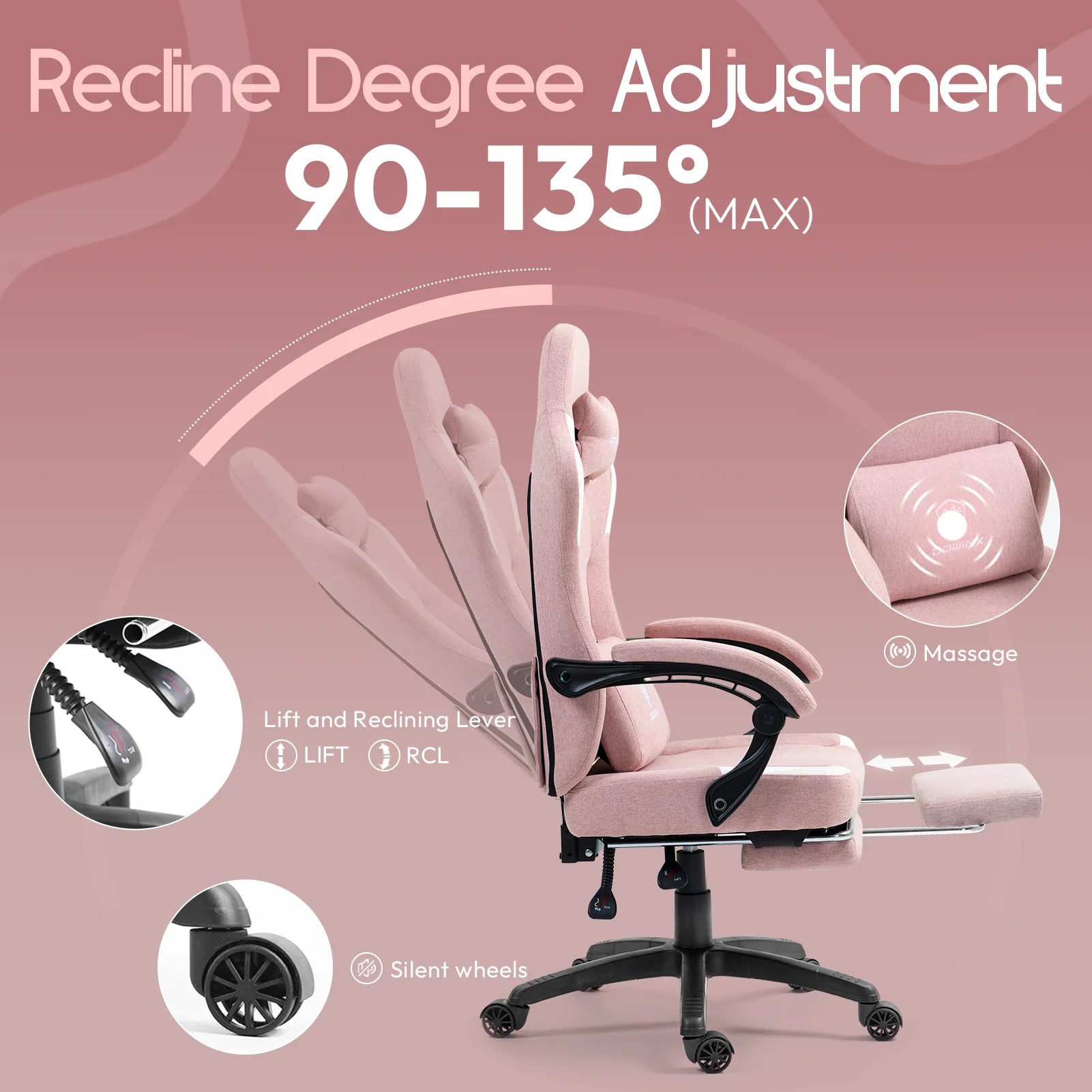 GOOSEA Fabric Gaming Chair with Pocket Spring Cushion. Breathable Computer Chair with Massage Lumbar Support and Footrest. High Back Office Chair for Adults. 300lbs. Grey