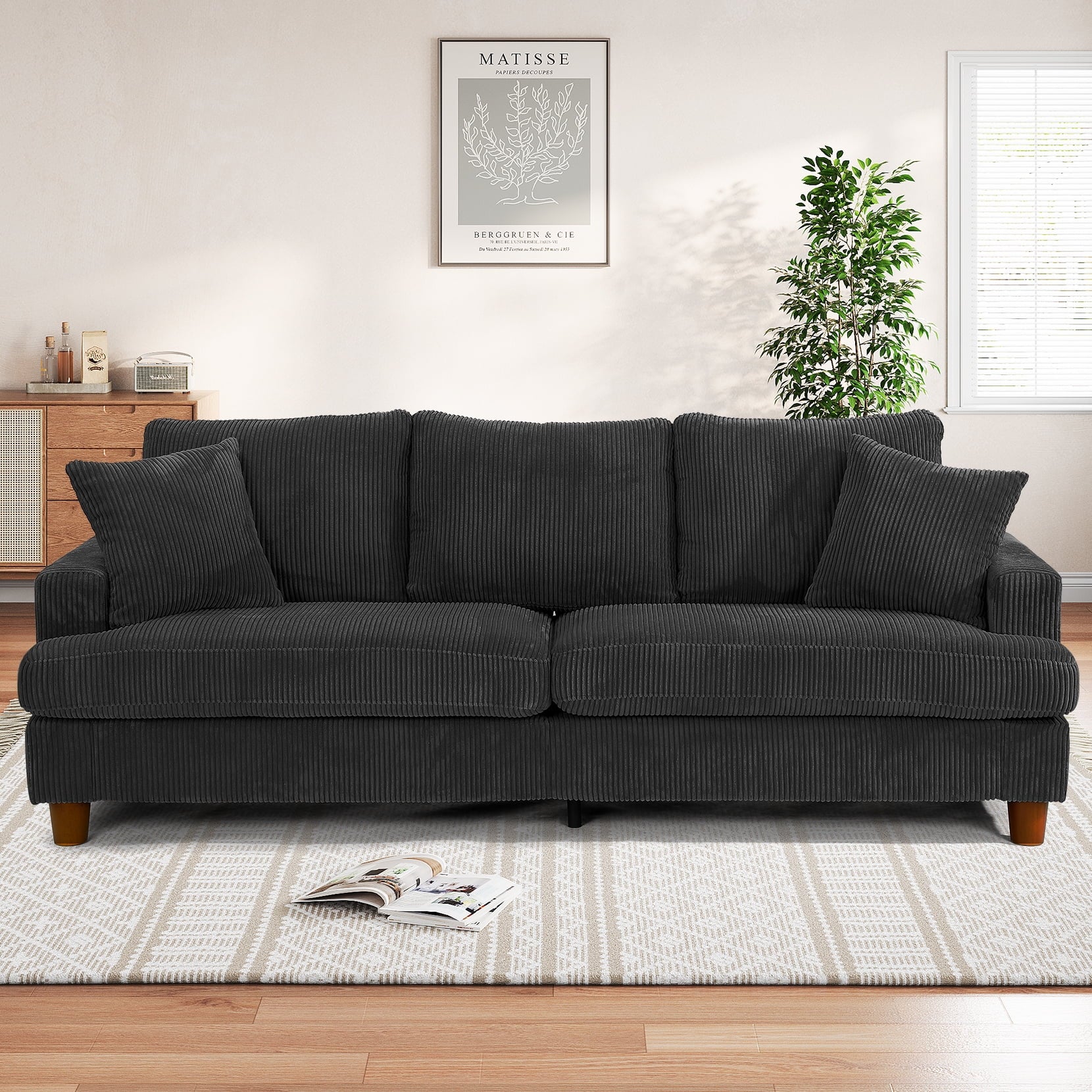 87 Corduroy Sofa.3 Seater Sofa with Extra Deep Seats.Neche Comfy Upholstered Couch for Living Room.2 Pillows.Green