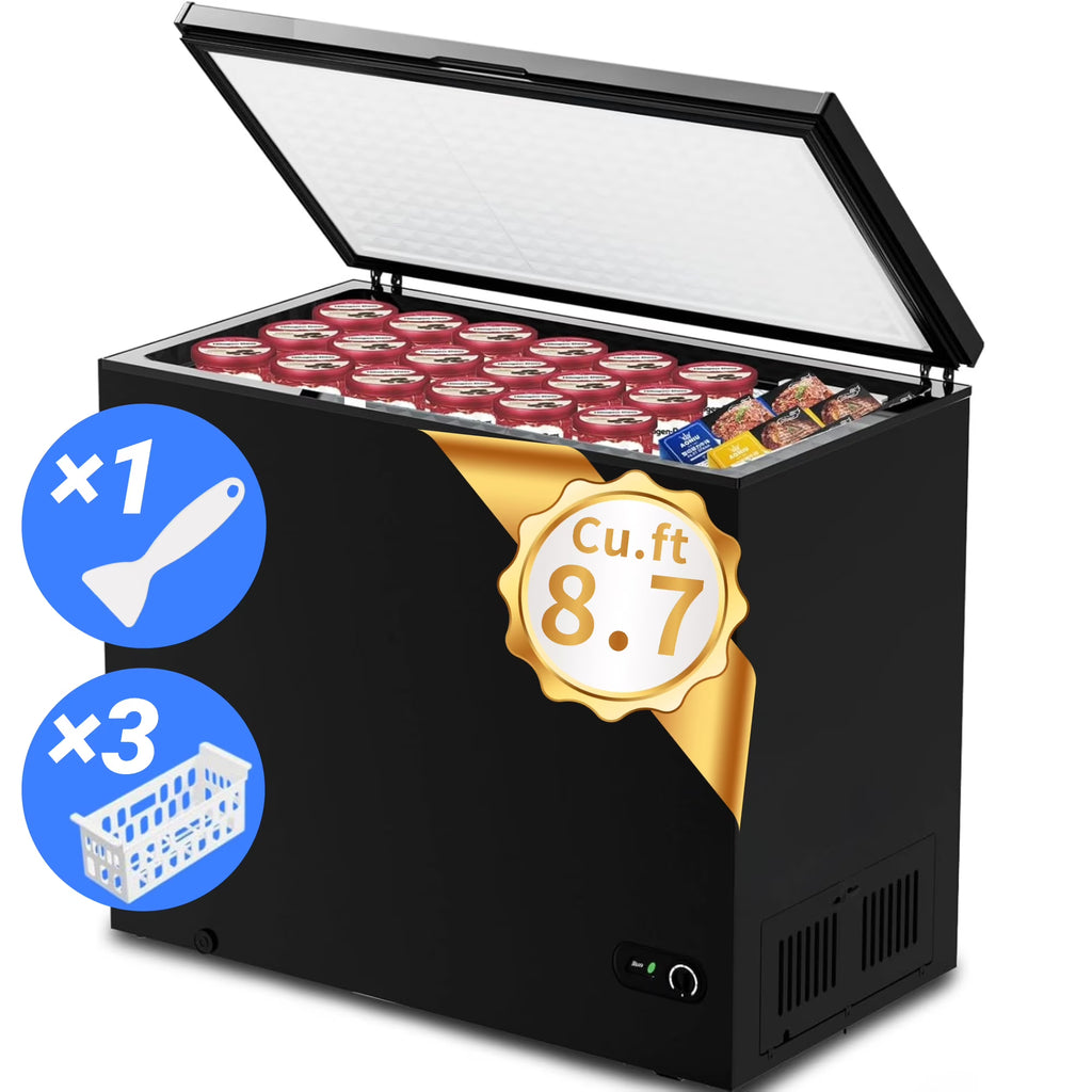 Auseo 8.7 cu. ft. Chest Deep Freezer with Adjustable Temperature. Free Standing Top Open Door Compact Freezer with 3 Removable Basket for Kitchen. Home. Bar. Garage. Office