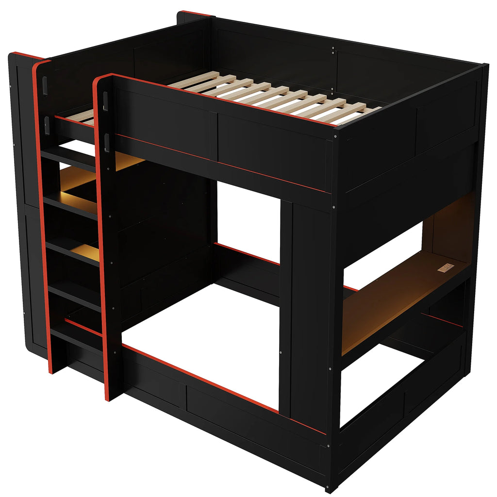 Euroco Wood Full Size Loft Bed with Desk and Shelves. Gaming Bunk Bed with LED Light and USB Charging. Black