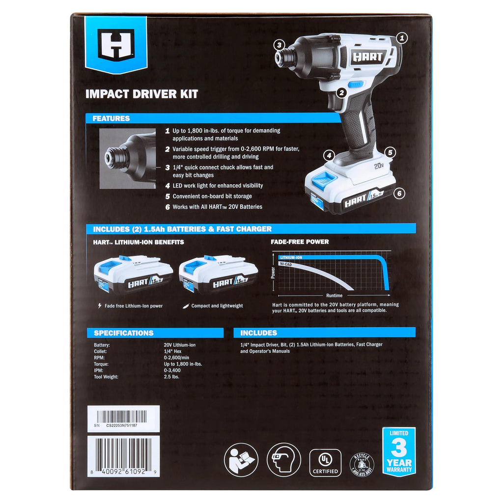 HART 20-Volt Cordless 1/4 Hex Chuck Impact Driver Kit. (2) 1.5Ah Lithium-Ion Batteries. Gen 2