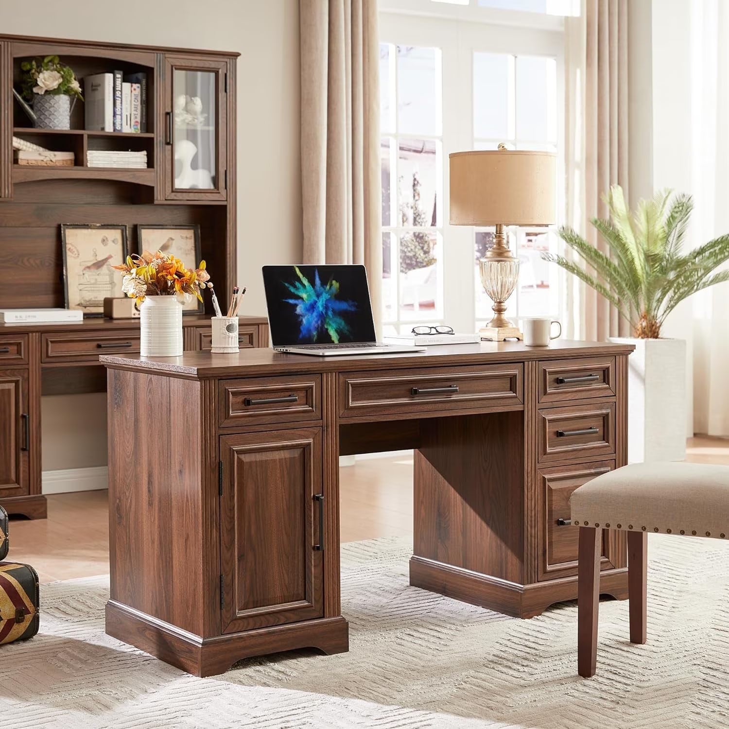 T4TREAM Farmhouse Wood 58 Executive Desk. Home Office 30 High Computer Desk with Drawers and Storage Cabinet. White