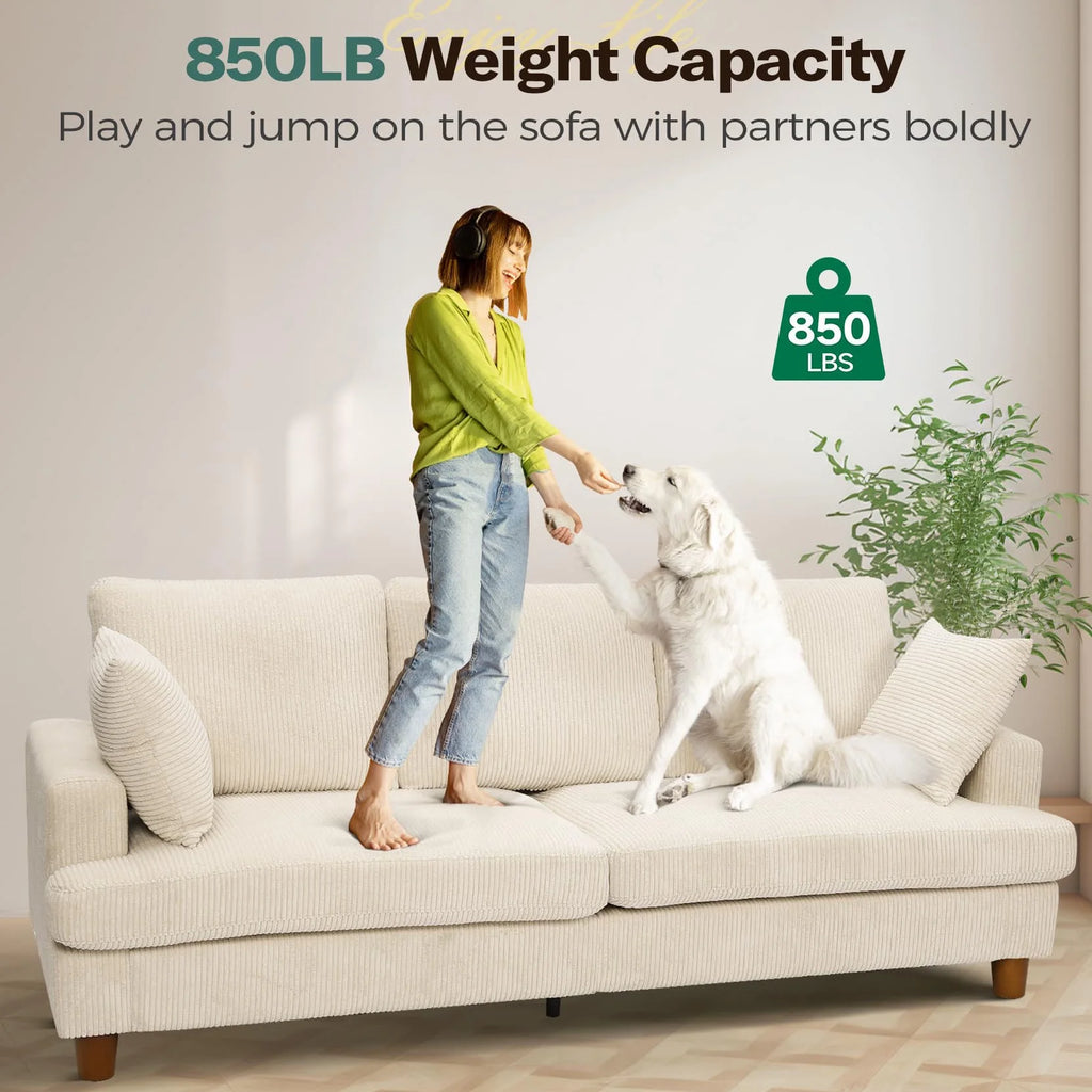 87 Corduroy Sofa.3 Seater Sofa with Extra Deep Seats.Neche Comfy Upholstered Couch for Living Room.2 Pillows.Green