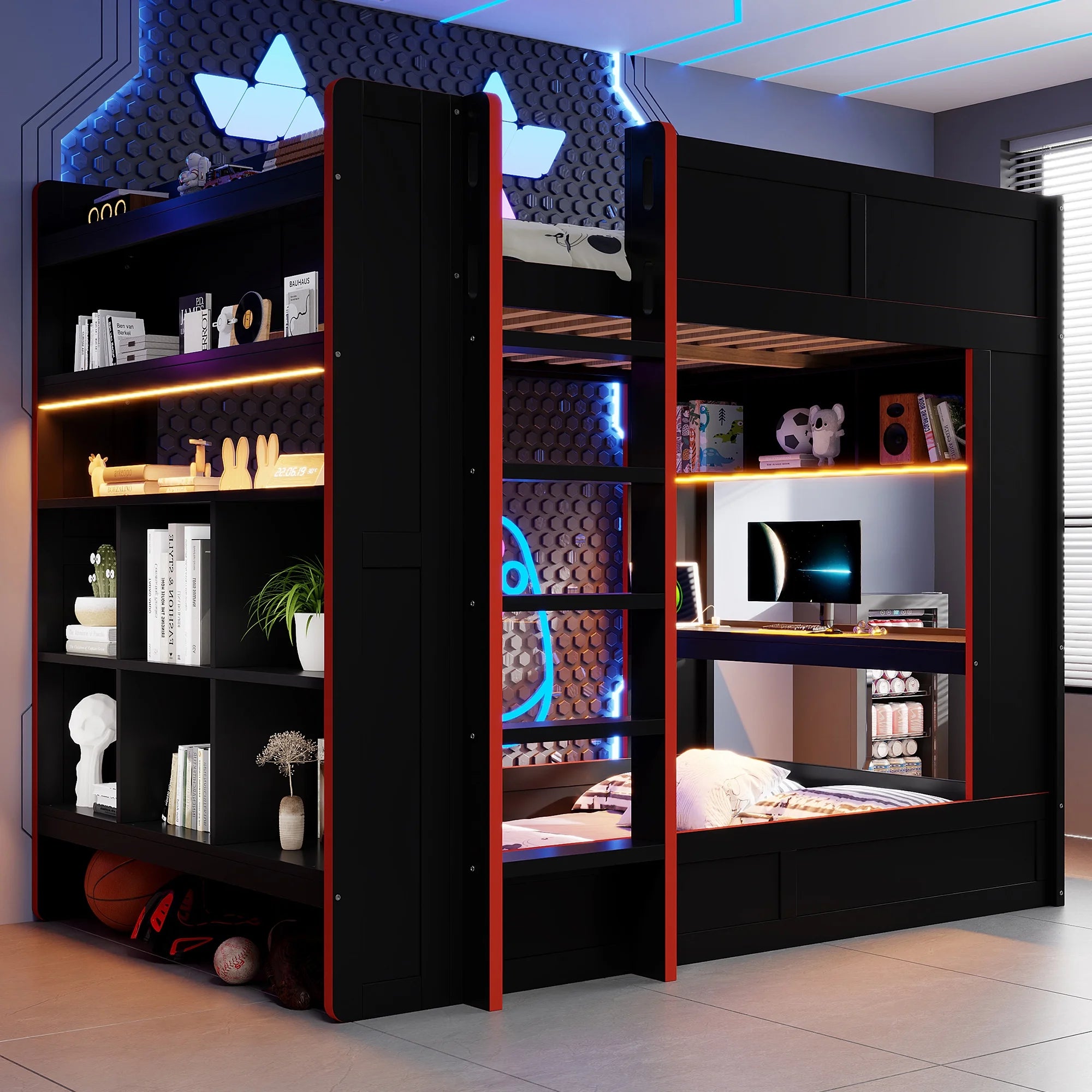 Euroco Wood Full Size Loft Bed with Desk and Shelves. Gaming Bunk Bed with LED Light and USB Charging. Black