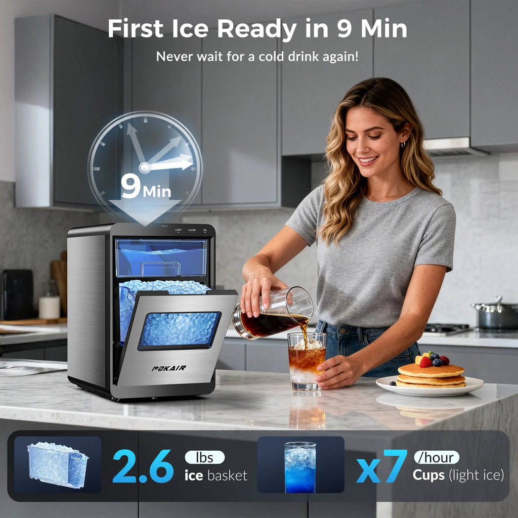 POKAIR Ice Maker. Nugget Ice Maker Portable Countertop 44lbs/Day. One-Touch Instant Ice & Self-Cleaning. Pebble Ice Machine for Home Office RV. Stainless Steel